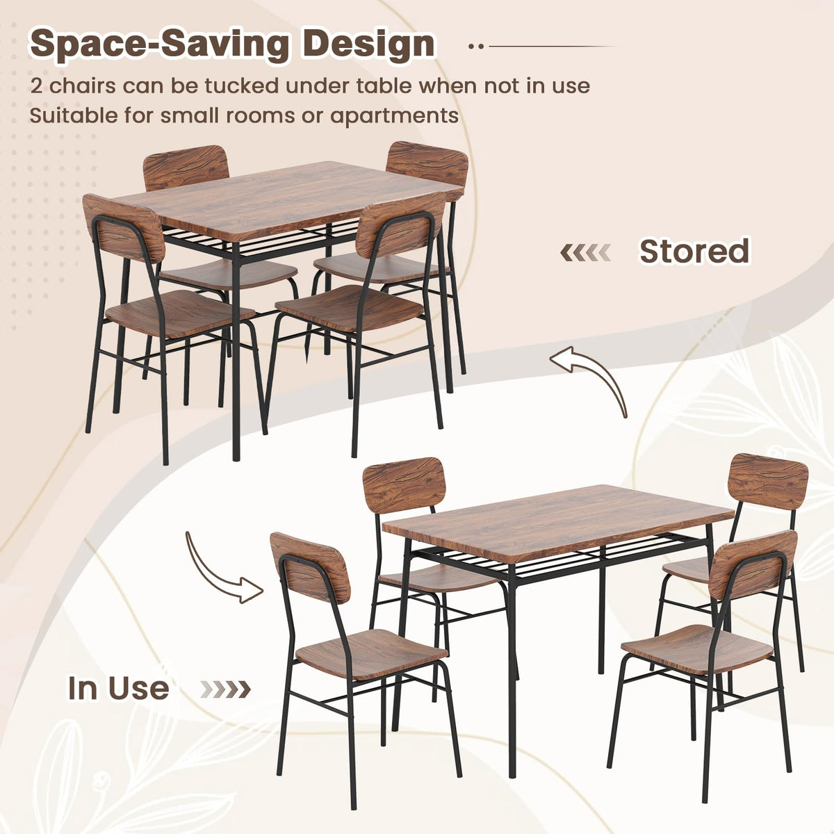 Tangkula Dining Table Set for 4, Square Kitchen Table & Chair Set, Brown