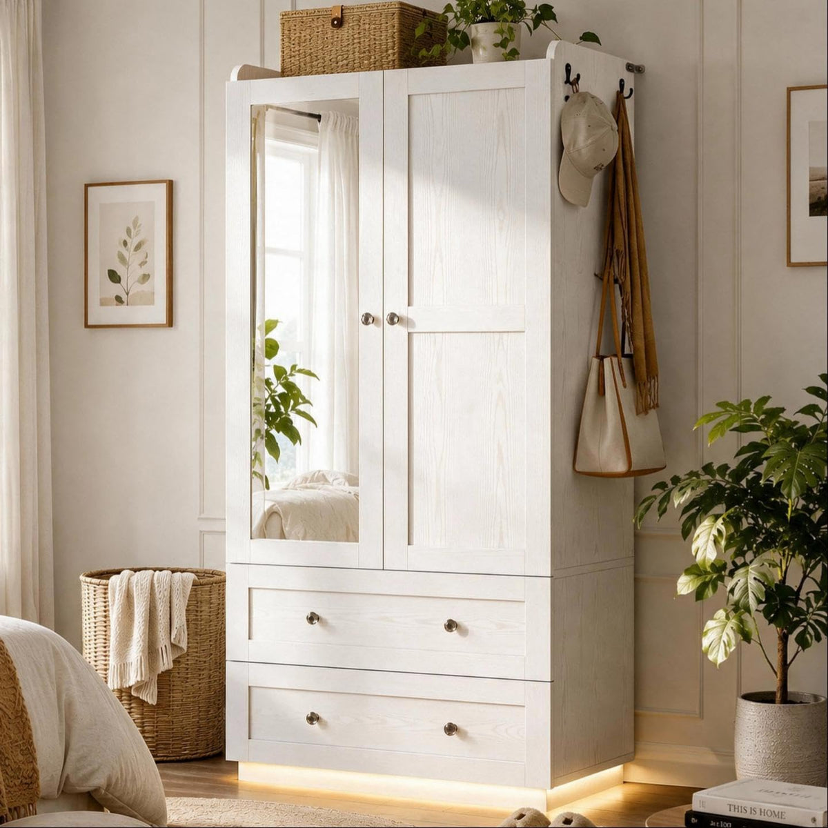 IRONCK Wardrobe Closet with Mirror, Drawers and LED Lights, White