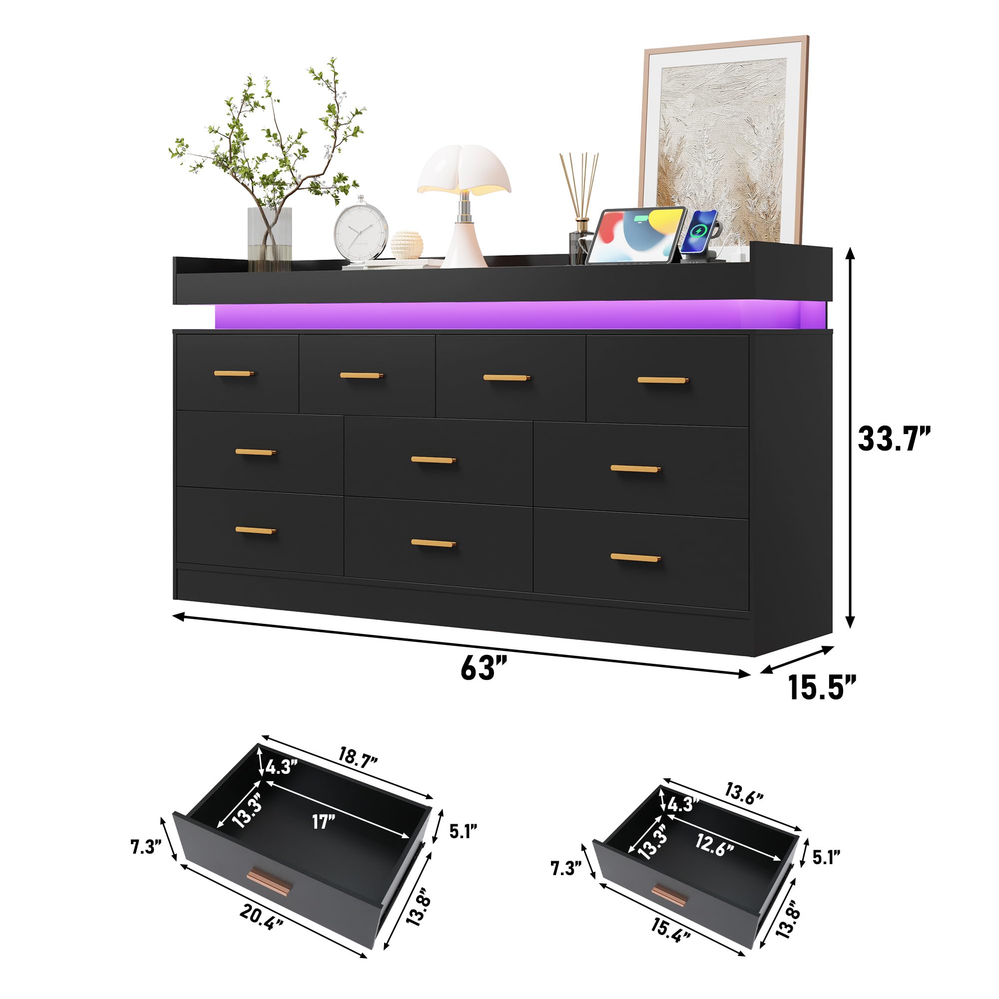 10-Drawer Dresser with Power Outlet & LED Light