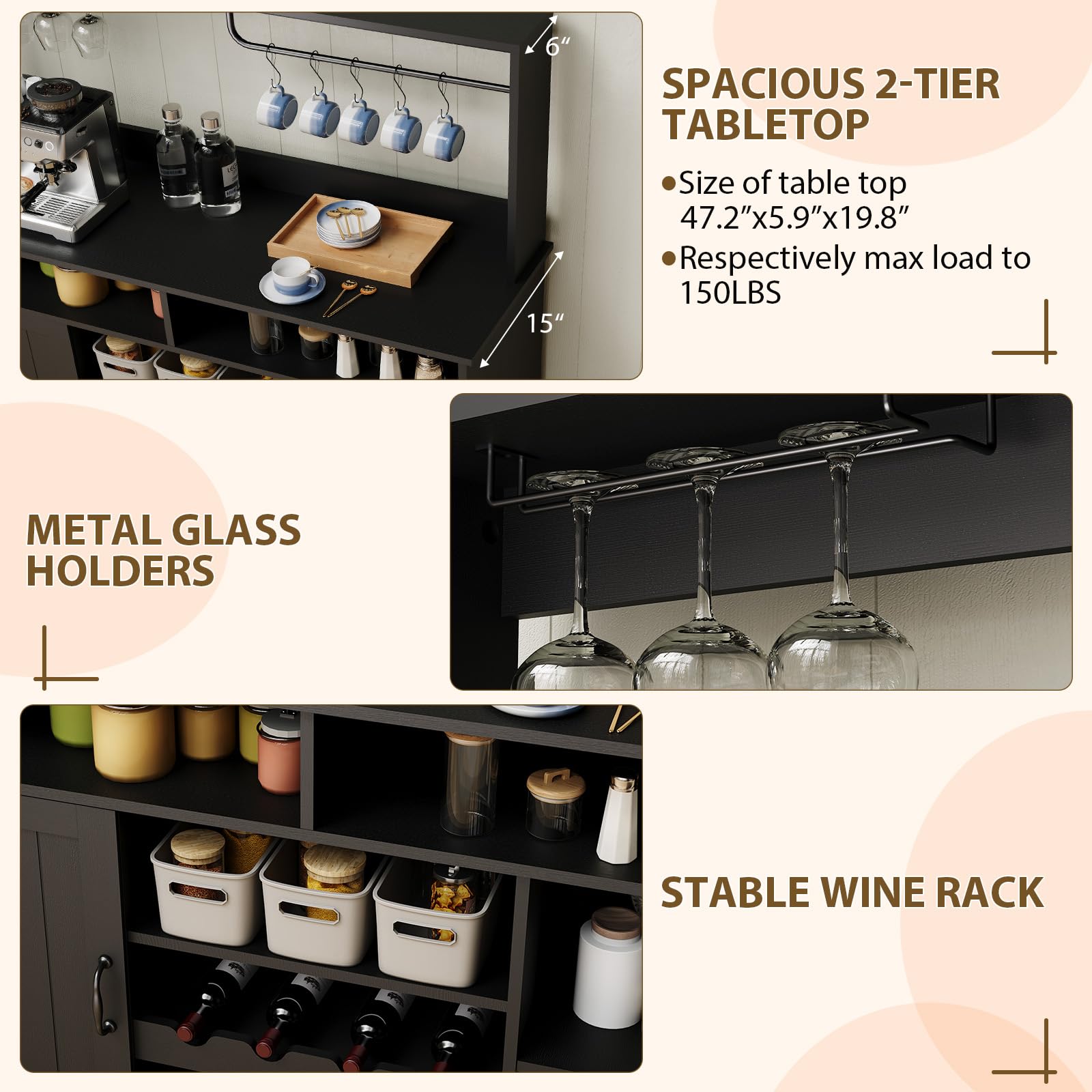 CABIHOME 47" Farmhouse Wine Bar Cabinet with Sliding Barn Door, Rustic Coffee Bar Cabinet, Wine & Glass Rack, Storage Shelves Large Buffet Sideboard Cabinet for Dining Room, Living Room, Kitchen