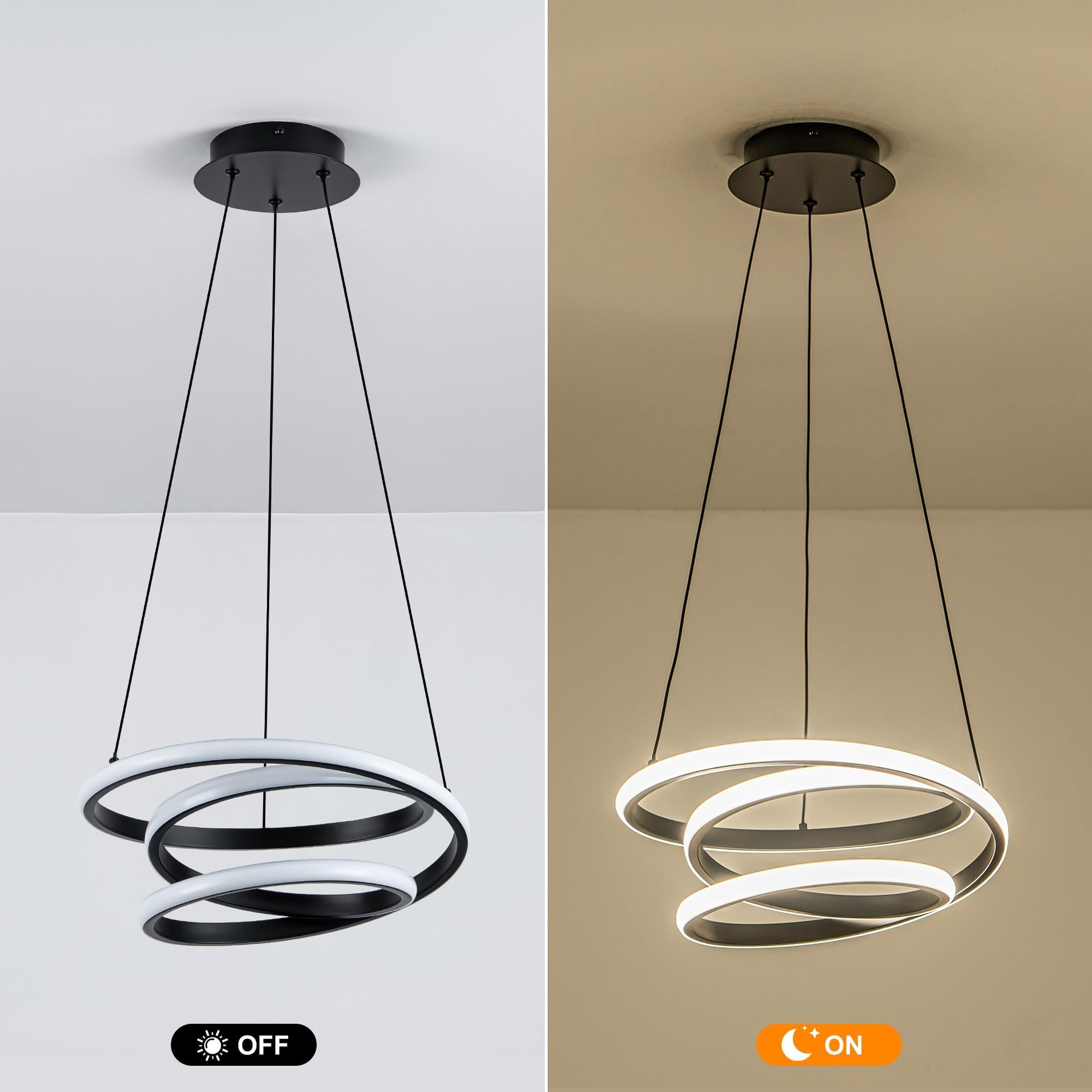 Mayful 13.78 inches Black Modern Chandelier with Remote Control, 3 Rings 3-Color Dimmable Led Chandeliers, Height Adjustable Living Room Chandelier for Dining Room, Entrance, Foyer