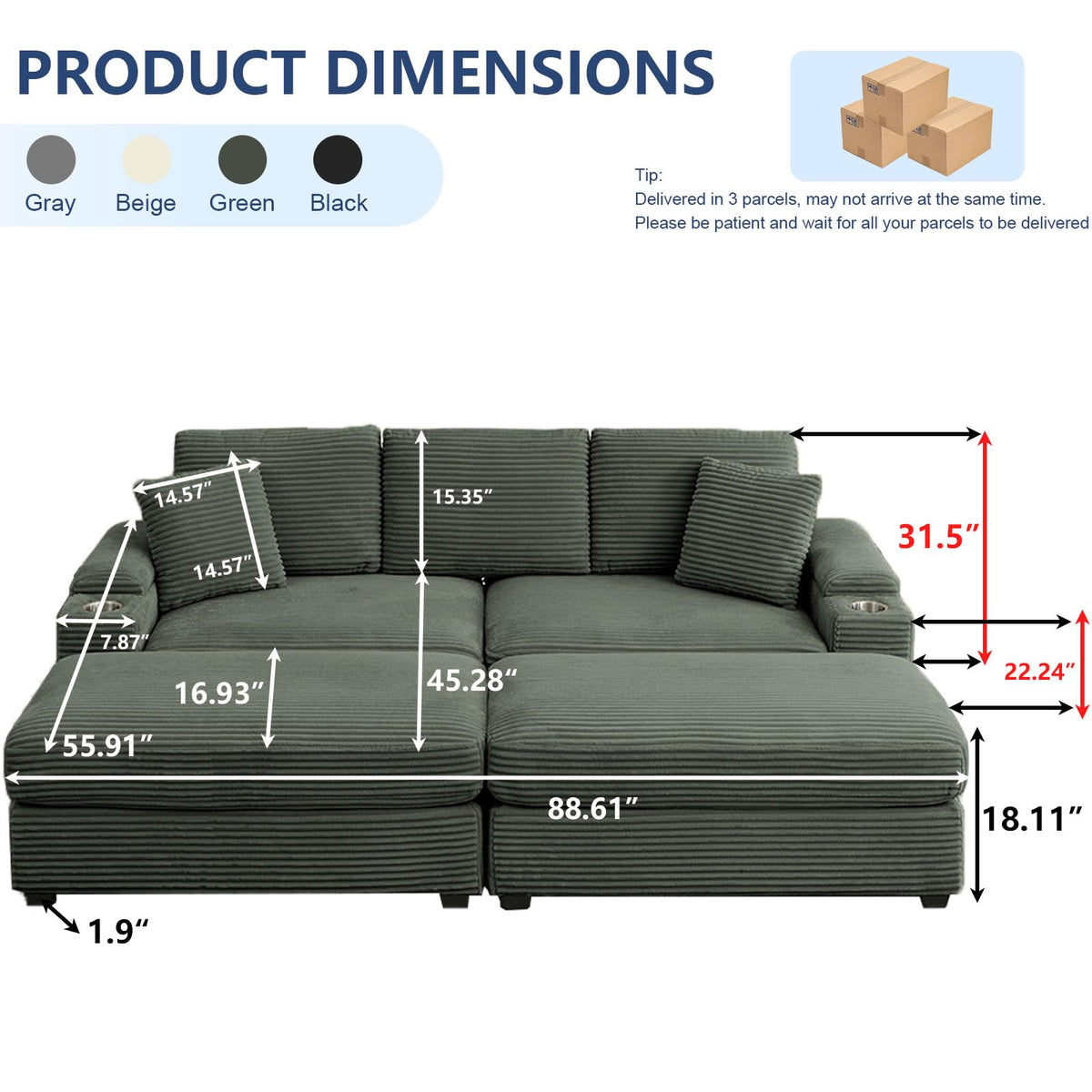 Green Corduroy Modular Sofa with Ottomans