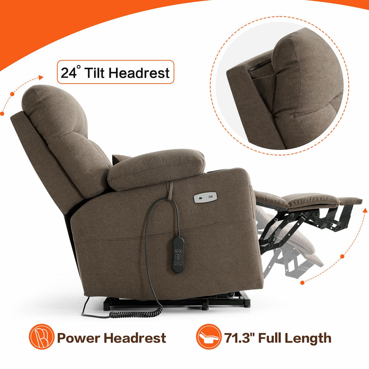 Tri-Motor Power Lift Recliner Chair for Elderly, Lay Flat Lift Chair,Brown