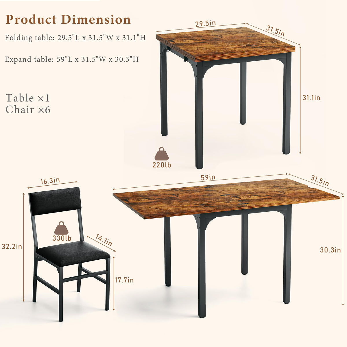 7-Piece Dining Table Set for 4-6, Extendable Kitchen Table Cushion Chairs Set of 6 with 6 Chairs, Rectangle Dining Table with Metal Frame & MDF Board, Folding for Small Apartment Saving Space, Rustic