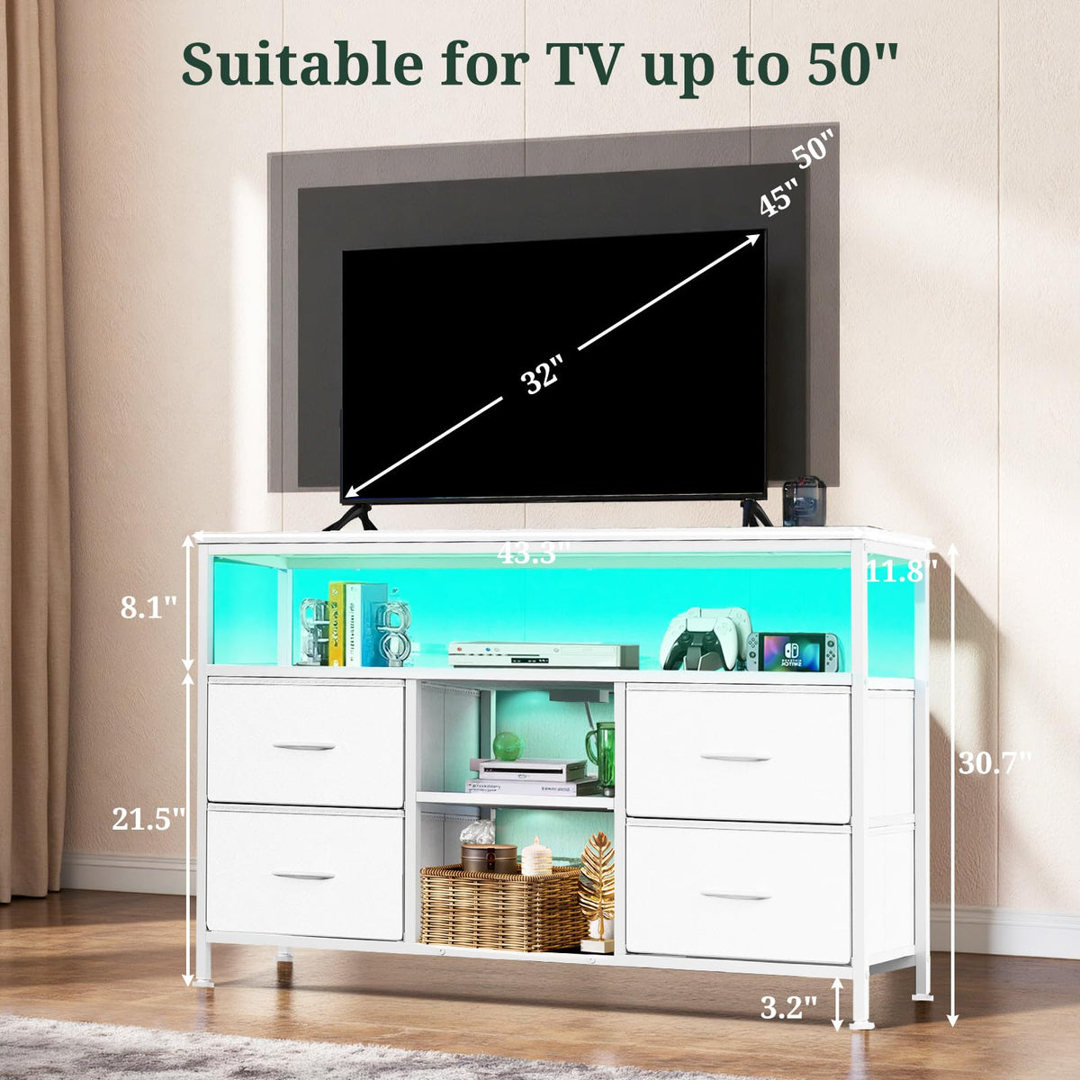 SageNest TV Stand with 4 Drawers, LED Lights Dresser with Charging Station