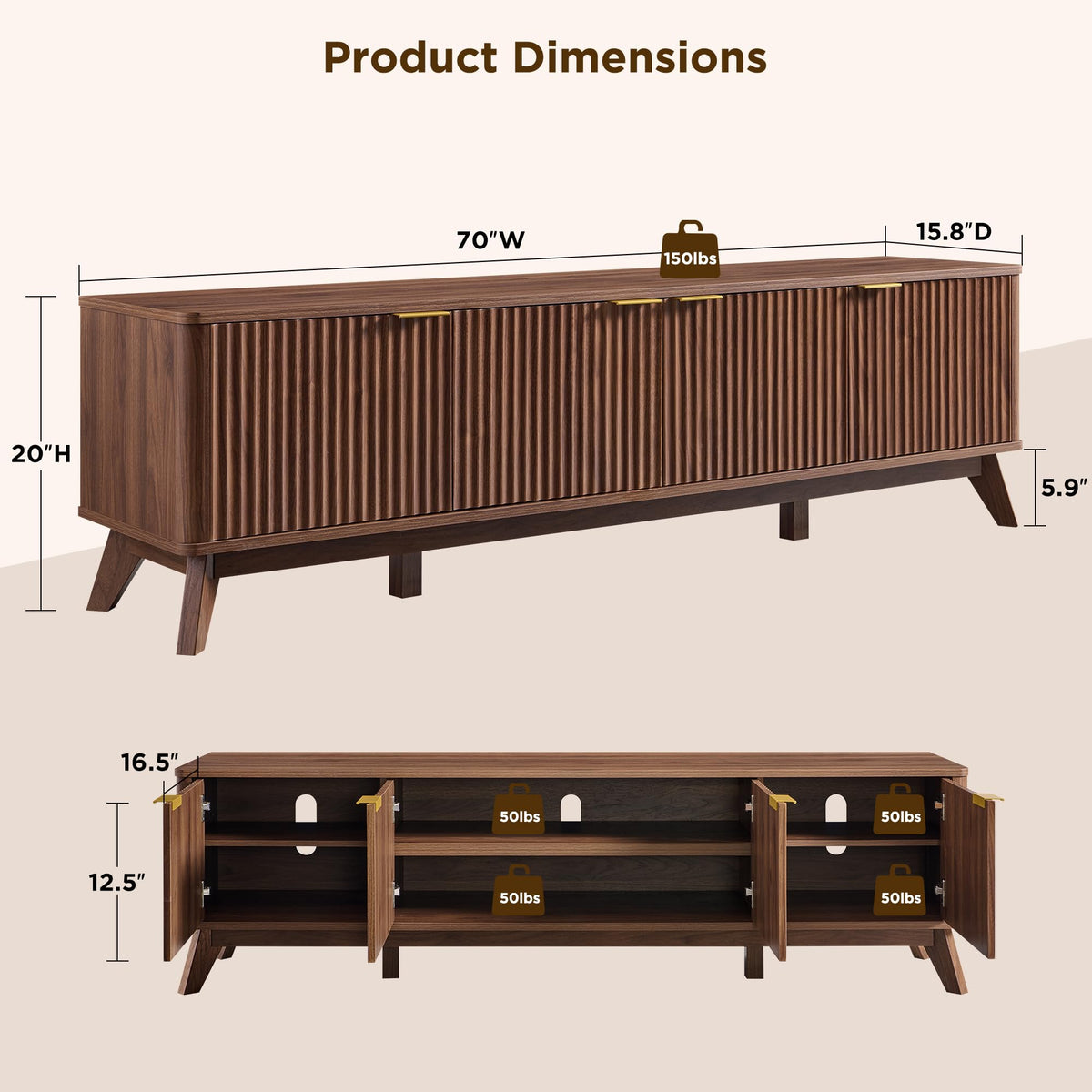 OKD 70" Mid Century Modern Fluted TV Stand,4-Door Storage, Light Walnut