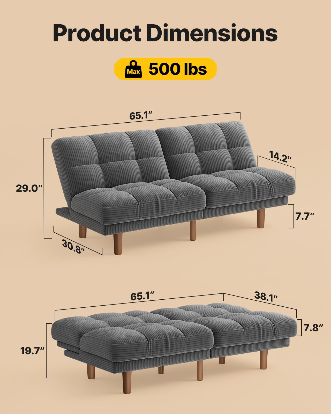 65" Convertible Futon Sofa Bed