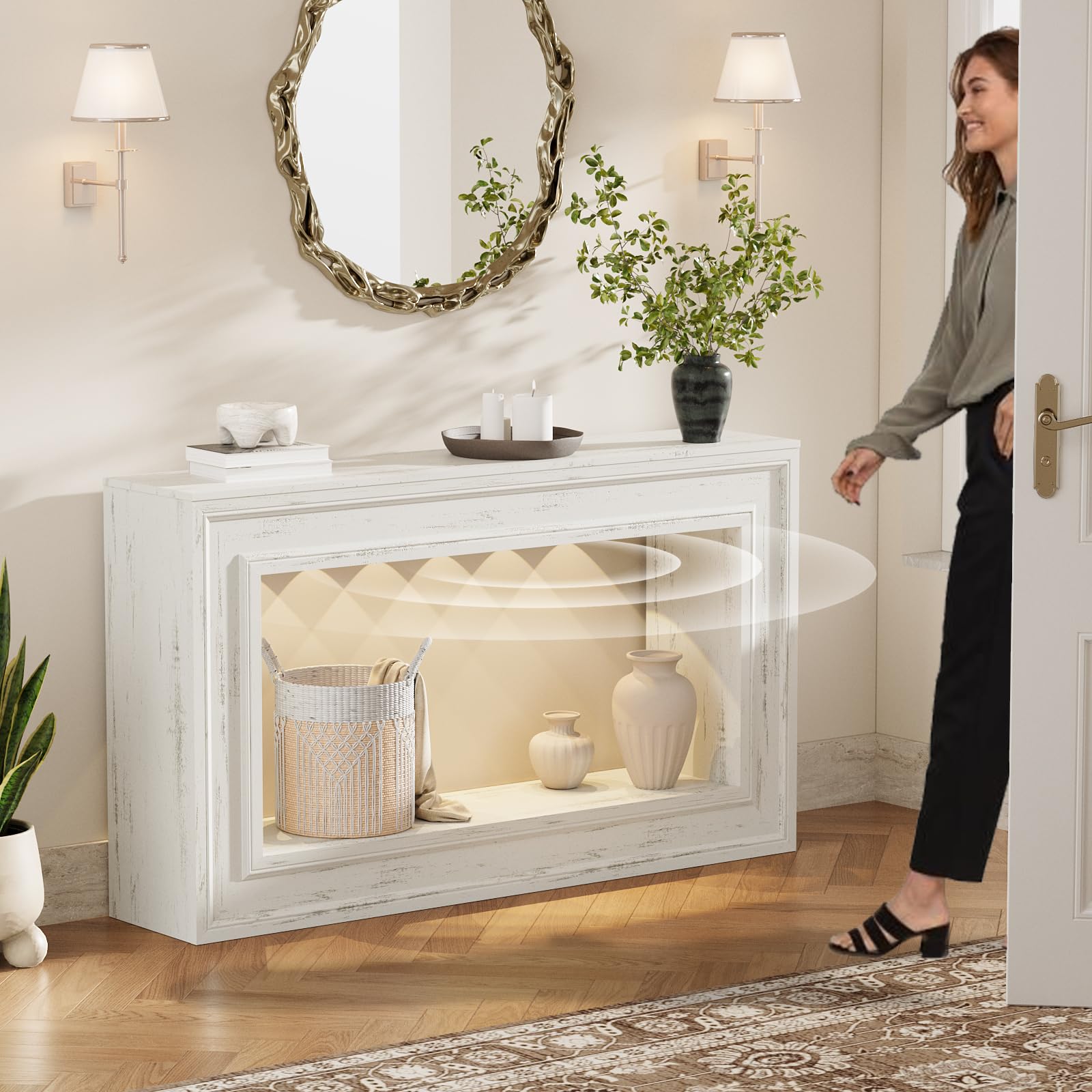 Rresyet 55" Long Console Tables with LED Lights, Narrow Console Tables for Entryway, 2-Tier Table Behind The Sofa, Modern Hallway Accent Table for Living Rooms, Corridors, and Foyers(White)