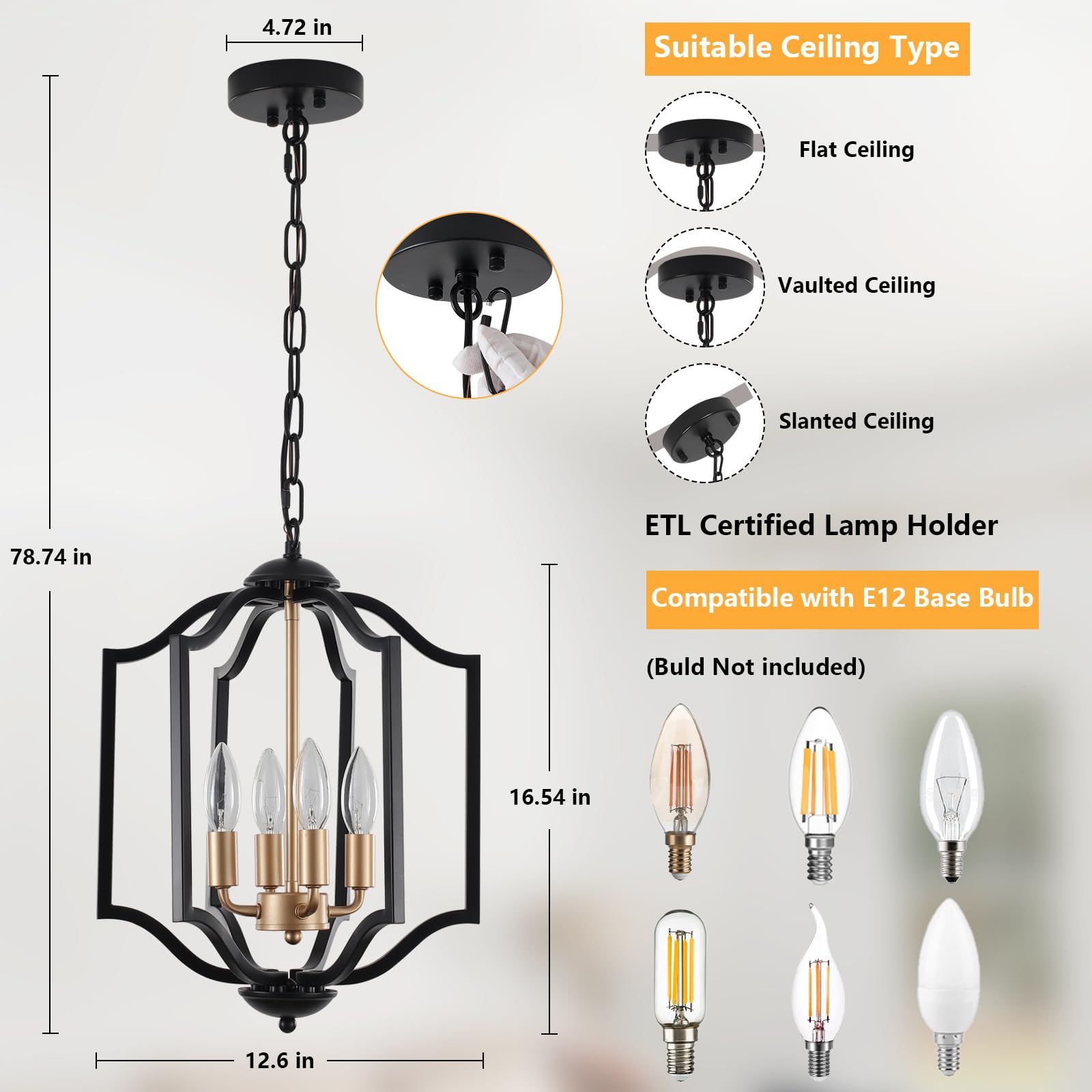 MIAYBPH Black and Gold Chandelier Light Fixture, 4-Light Farmhouse Chandelier Dining Room Light Fixtures Rustic Hanging Small Entryway Pendant Light for Kitchen Island Foyer Living Room
