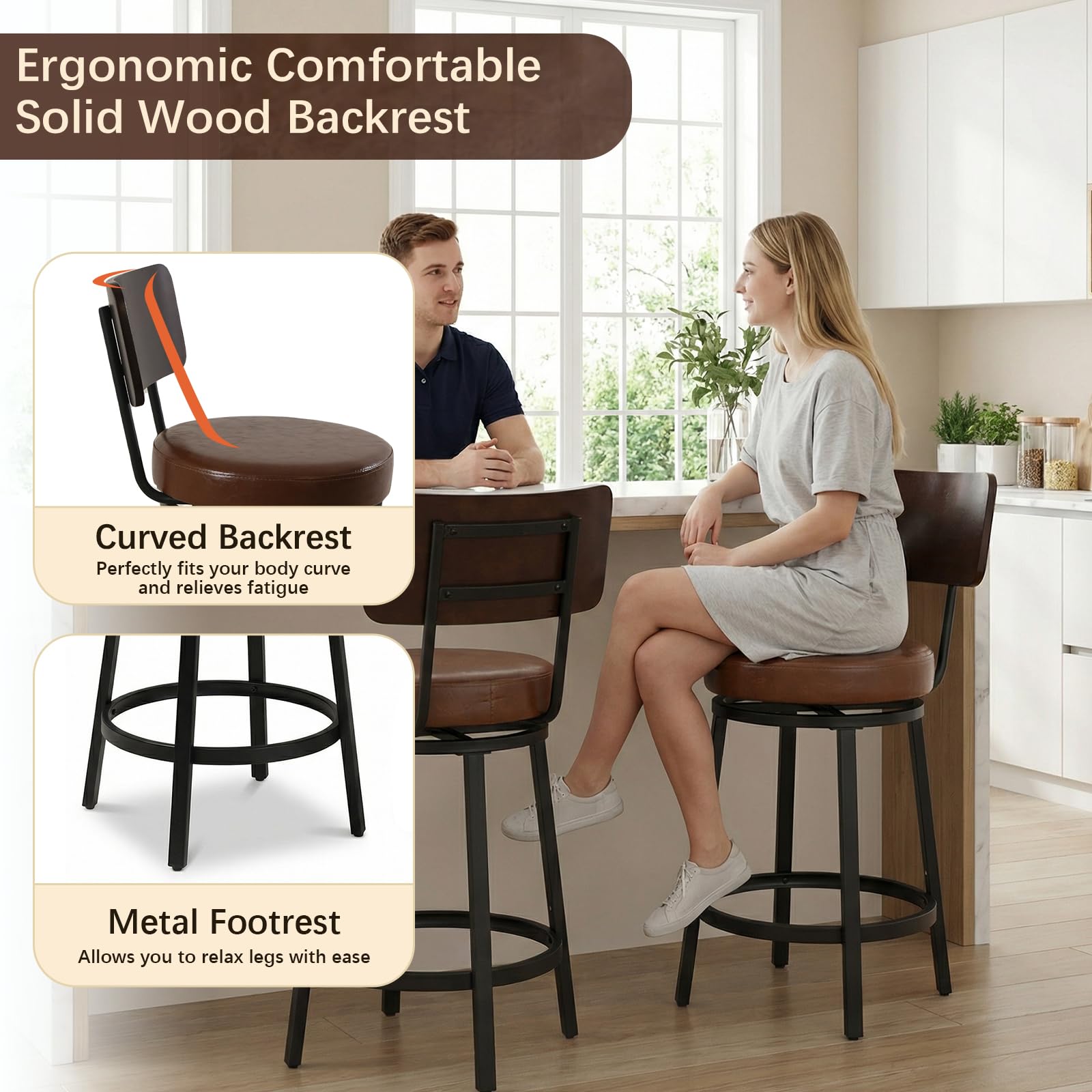 Swivel Bar Stools Set of 2 with Wood Backrest & Metal Legs