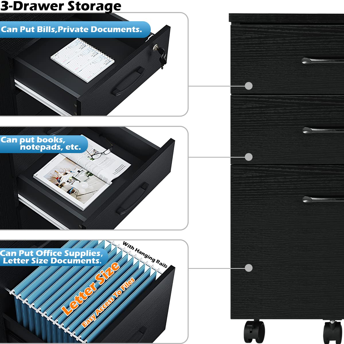 3-Drawer Mobile File Cabinet with Wheels