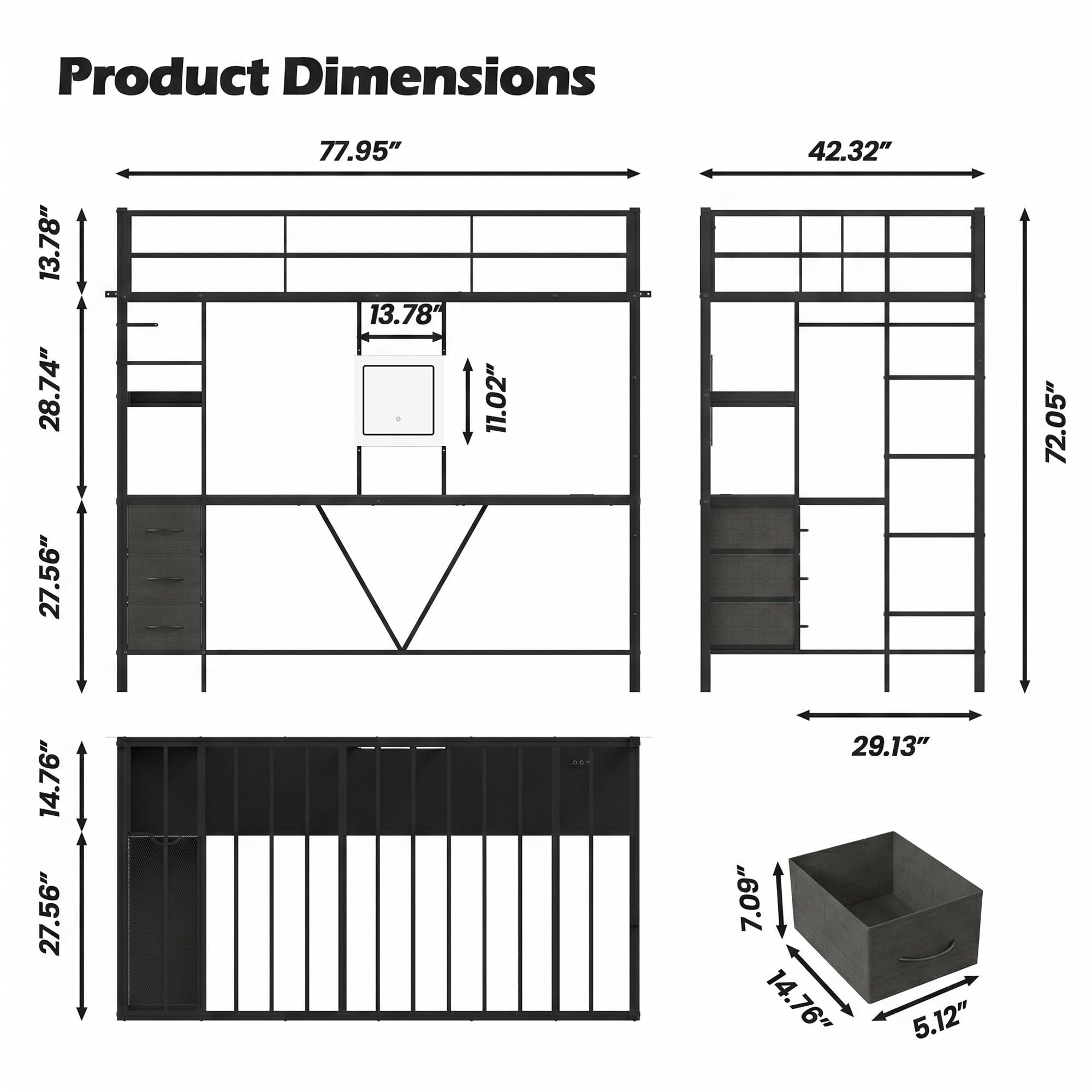 FUQARHY Twin Size Loft Bed with Desk, Bunk Bed with Storage Drawers Underneath, Metal Loft Bed Twin with Vanity, No Box Spring Needed (Black)
