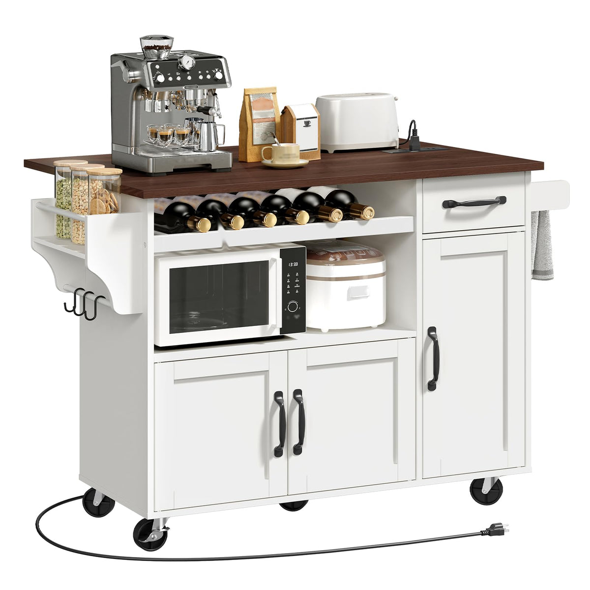 RALGEND Rolling Kitchen Island Cart with Drop Leaf & Power Outlet, Mobile Kitchen Island on Wheels, Island Table with Storage Cabinet, Microwave Shelf & Wine Rack for Kitchen, White and Walnut
