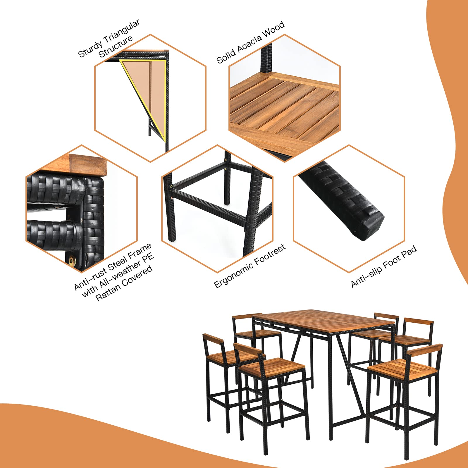 HAPPYGRILL 7 Piece Patio Bar Table Set with Umbrella Hole Acacia Wood High-Dining Bistro Set with 6 Bar Stools, PE Wicker Outdoor Bar Set for Backyard Patio and Poolside