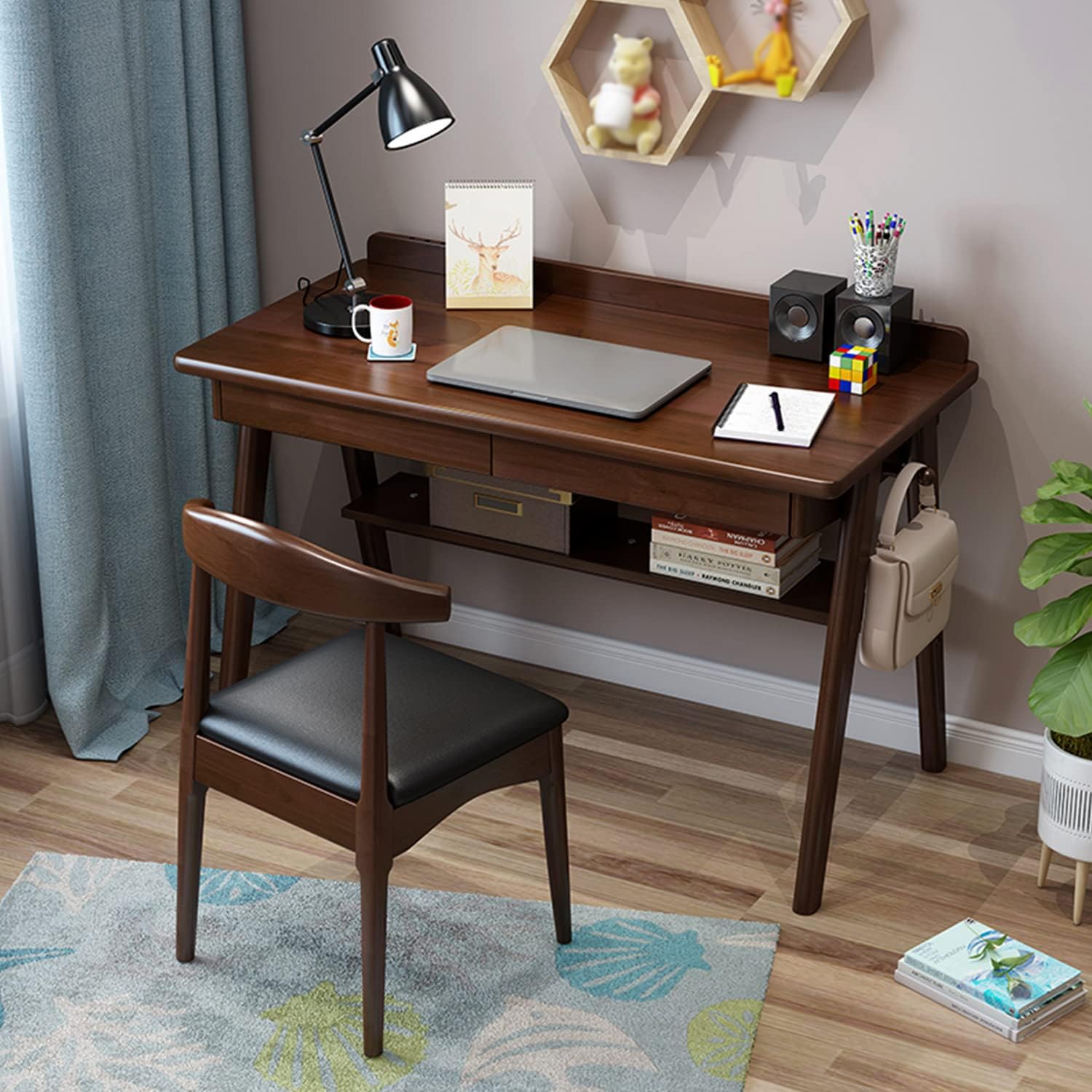 Mid-Century Modern Solid Wood Writing Desk with Drawers