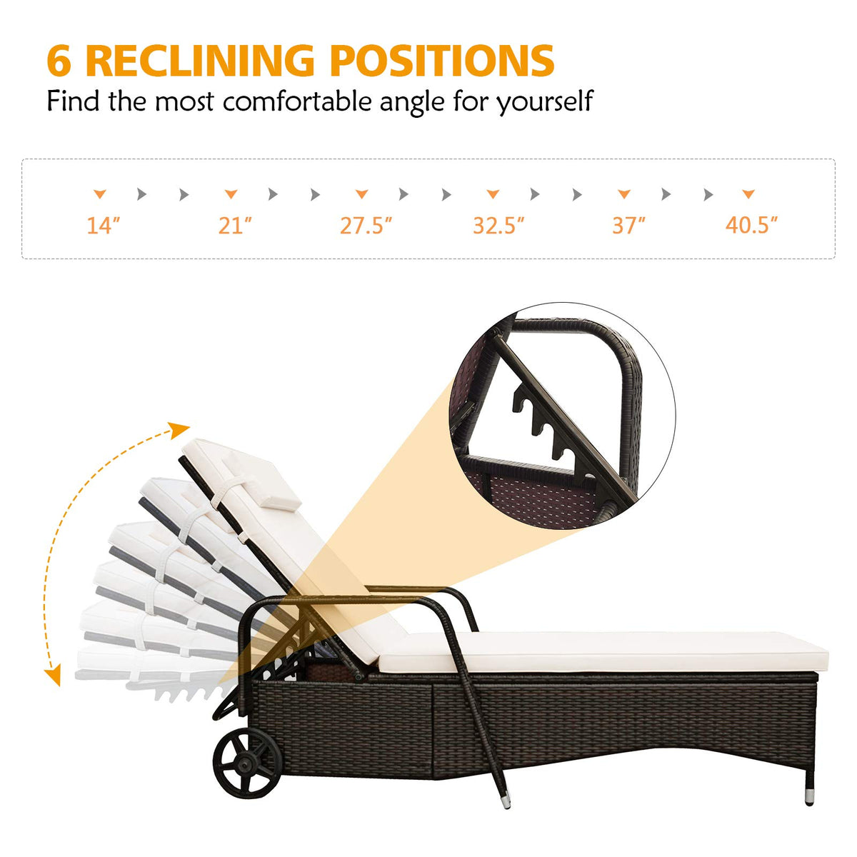HAPPYGRILL Patio Chaise Lounge Outdoor Rattan Wicker Recliner Lounger Chair with Cushion and Wheels for Balcony Garden Poolside