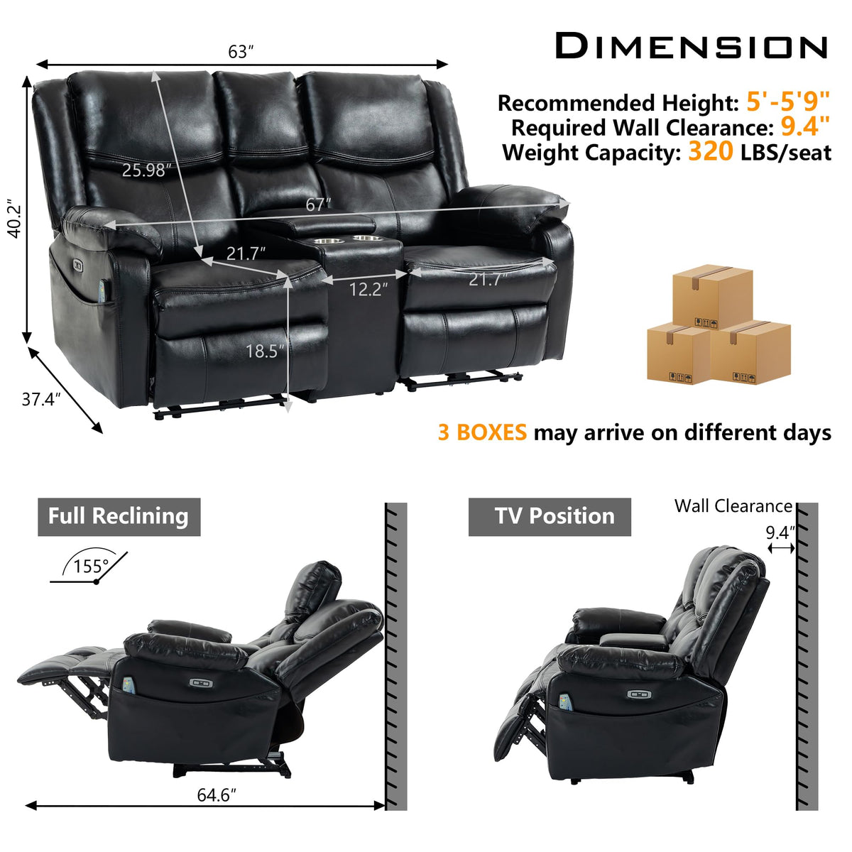 JIKFRIMA Zero Gravity Power Loveseat Recliner Sofa with Massage and Heat