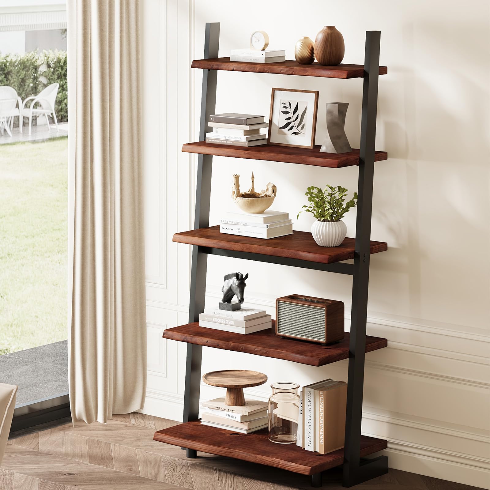 Solid Wood Ladder Bookshelf with Live Edge