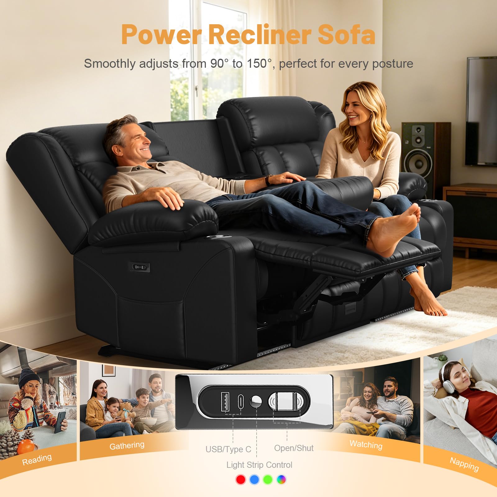 Dresegmt Power Loveseat Recliner Sofa, Wall Hugger RV Reclining Loveseat Couch with Flip Middle Backrest Design, Large Storage Drawer, Power Home Theater Seating with Pillow, LED Light, Outlet (Black)