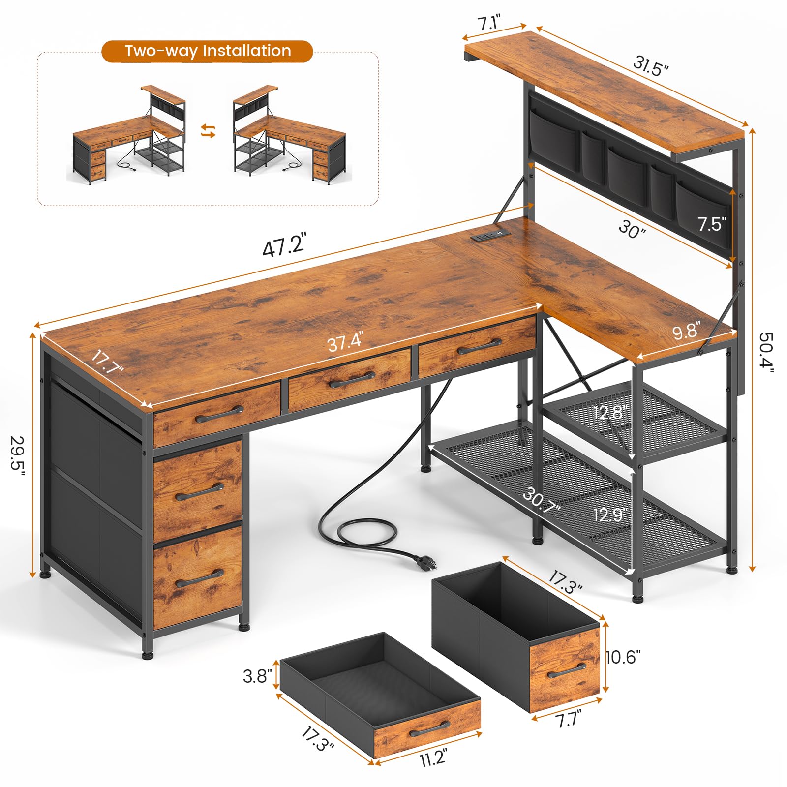 SEDETA L Shaped Desk with Drawers and Hutch, 47.2" Reversible Office Computer Desk with 5 Fabric Drawers, L Shaped Desk with Storage Shelves, Power Outlet and LED Lights for Home Office, Rustic Brown