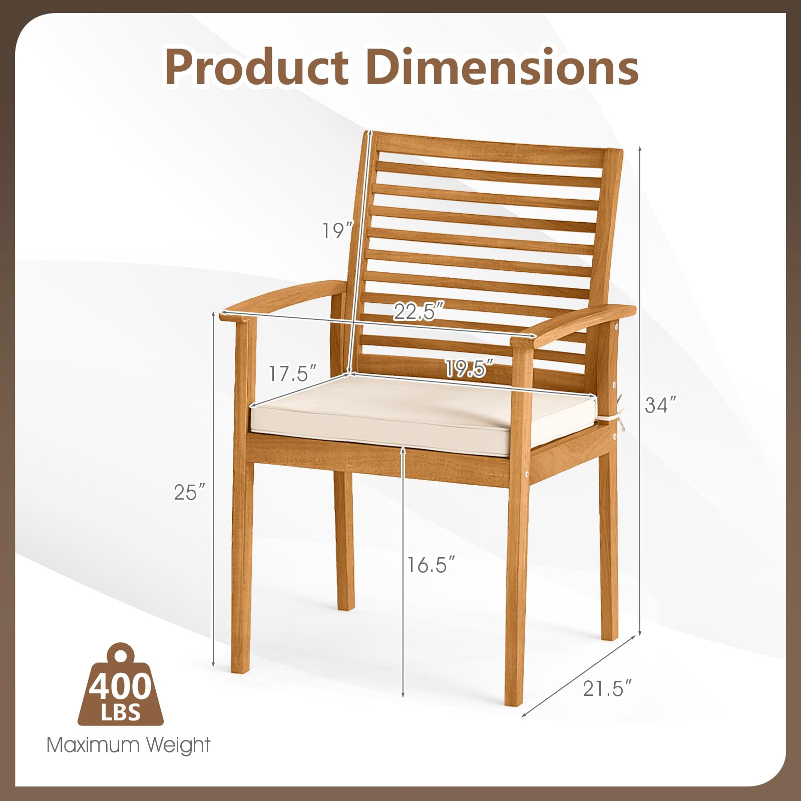 Tangkula Acacia Wood Patio Chairs Set of 4, Wood Outdoor Dining Chairs w/Removable Padded Cushion, Slatted Backrest, 400 LBS Weight Capacity, Balcony Furniture for Deck, Poolside, Yard, Garden
