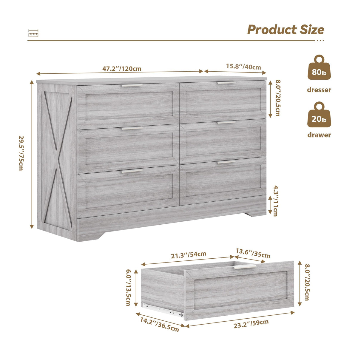 Modern Dressers & Chests of Drawers, Wide TV Stand for Bedroom, Wash Grey