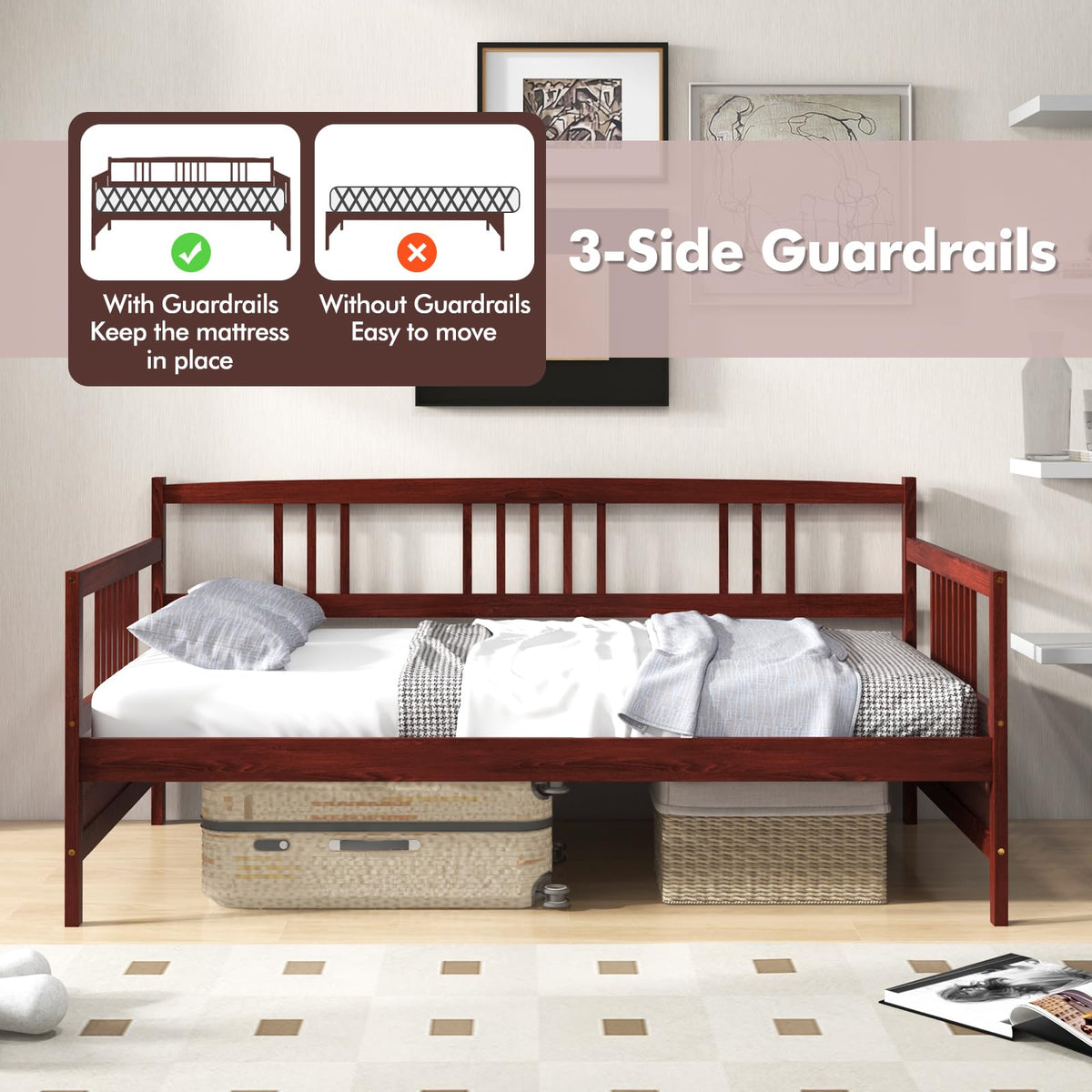 MAT EXPERT Twin Daybed, Pine Wood Daybed with 3-Side Rails & 10 Support Slats, Under Bed Storage Space, 2-in-1 Sofa Bed Frame for Living Room, Bedroom, Deck, Guest Room (Espresso)