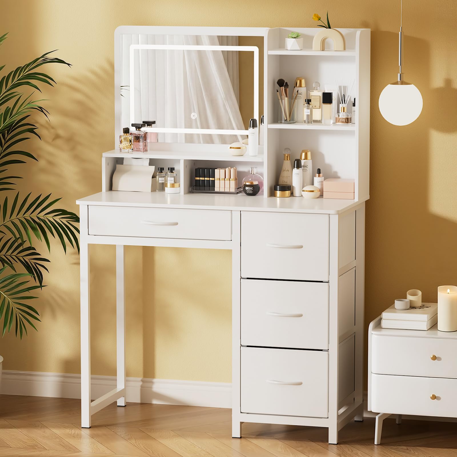Kitsure Vanity Desk with Mirror and Lights - Large Capacity Makeup Vanity with 4 Fabric Storage Drawers & 3 Lighting Modes, Vanity Table Set with Sturdy Metal Frame for Bedroom, White, 35" x 17" x 52"