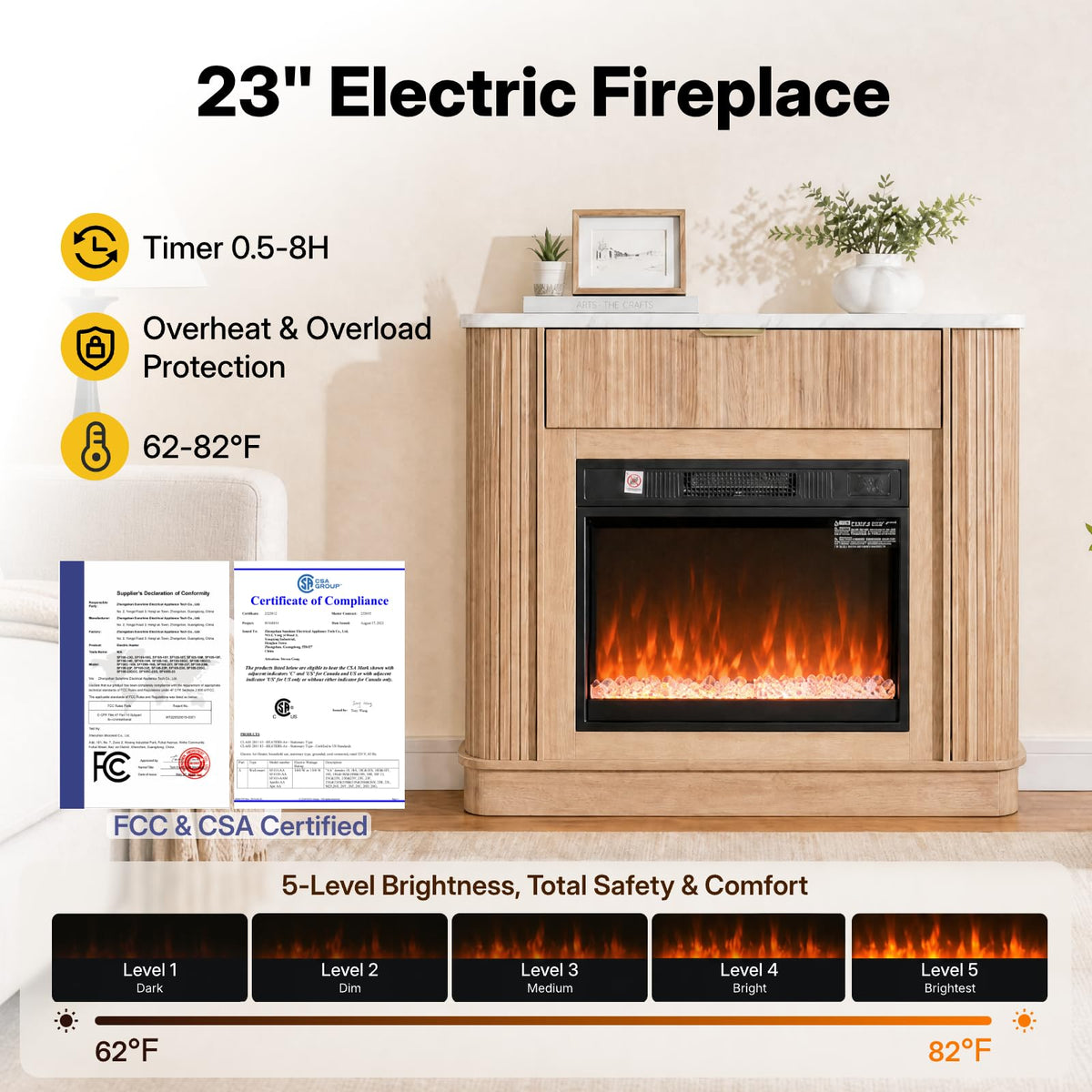 NORTHSKY 39" Farmhouse Electric Fireplace with Mantel, 23" Insert 9‑Color LED Crystal Flame Effect, Freestanding Curved Fluted Wood Fireplace Heater W/Storage&Remote Control for Living Room Bedroom