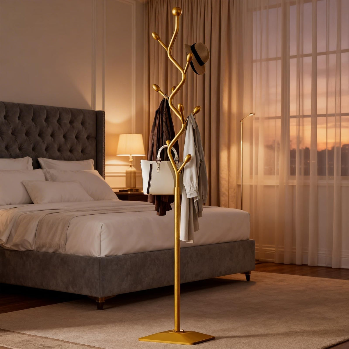 BUZUEY Gold Coat Rack Freestanding Metal Tree Coat Stand with Hooks,Modern Decorative Standing Hat Rack for Entryway Bedroom Living Room