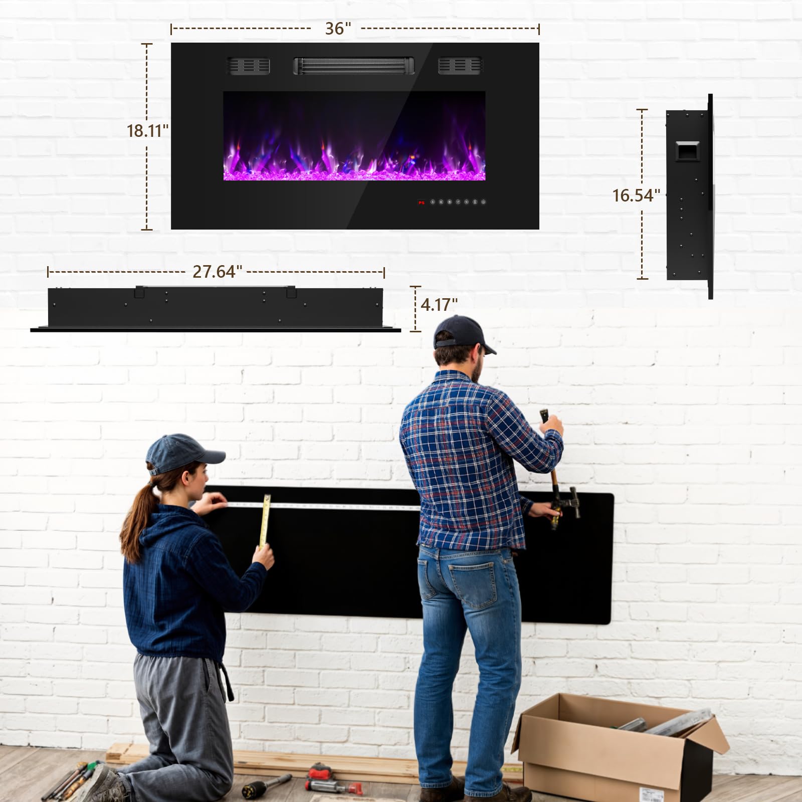 36 Inch Electric Fireplace with Crystal, Electric Fireplaces Insert, Wall Mounted/Recessed Fireplace with Remote Control, 12-Color Flame, Brightness & Speed