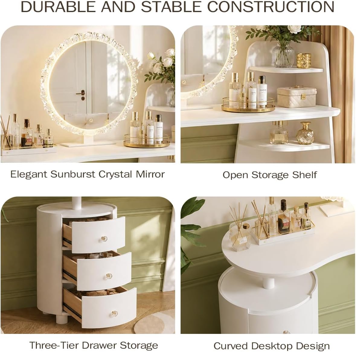 Furnistar White Vanity Desk with Mirror and Lights, Adjustable Make up Vanity with 3 Drawers, Modern Makeup Table with Curved Desktop and Shelf for Bedroom