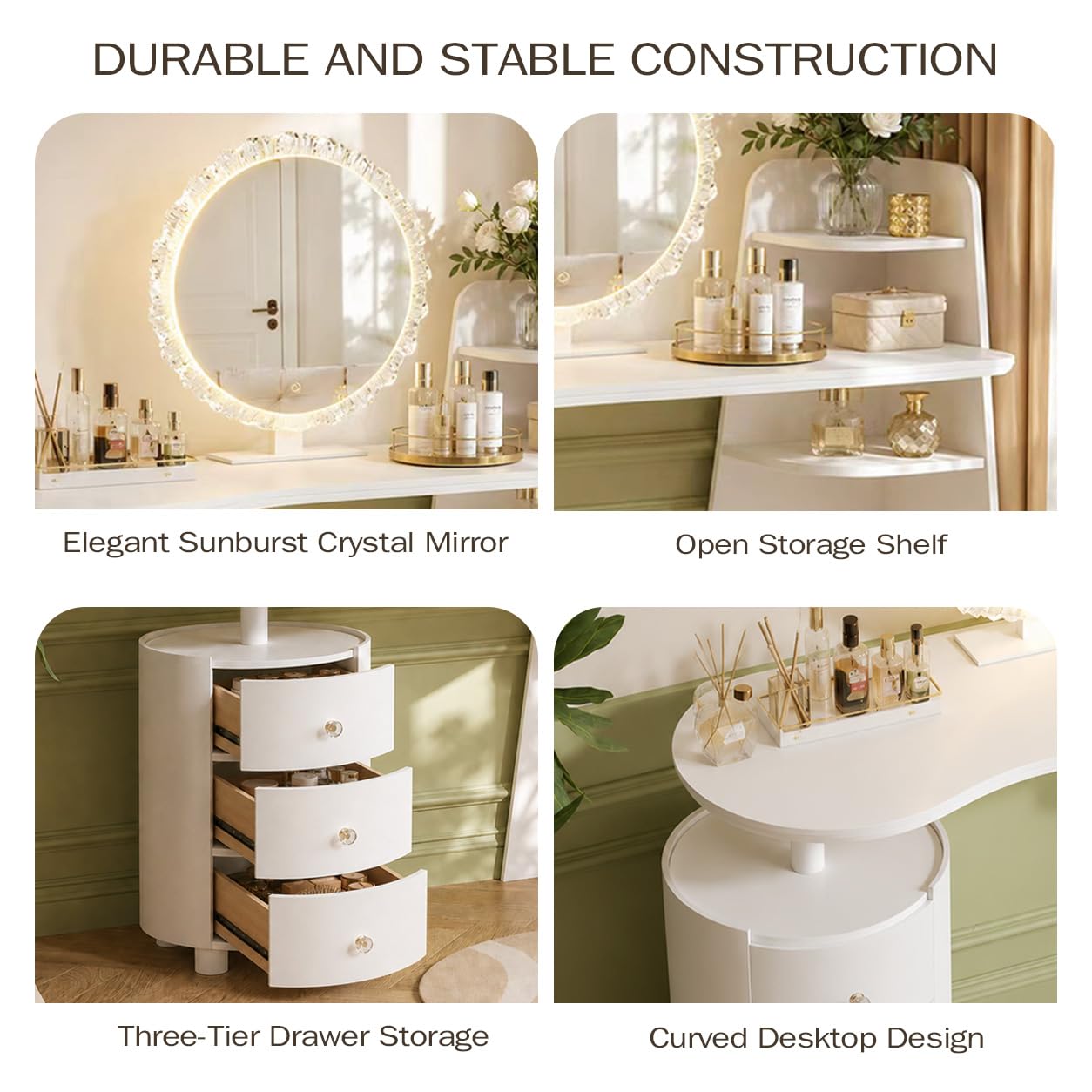 Furnistar White Vanity Desk with Mirror and Lights, Adjustable Make up Vanity with 3 Drawers, Modern Makeup Table with Curved Desktop and Shelf for Bedroom