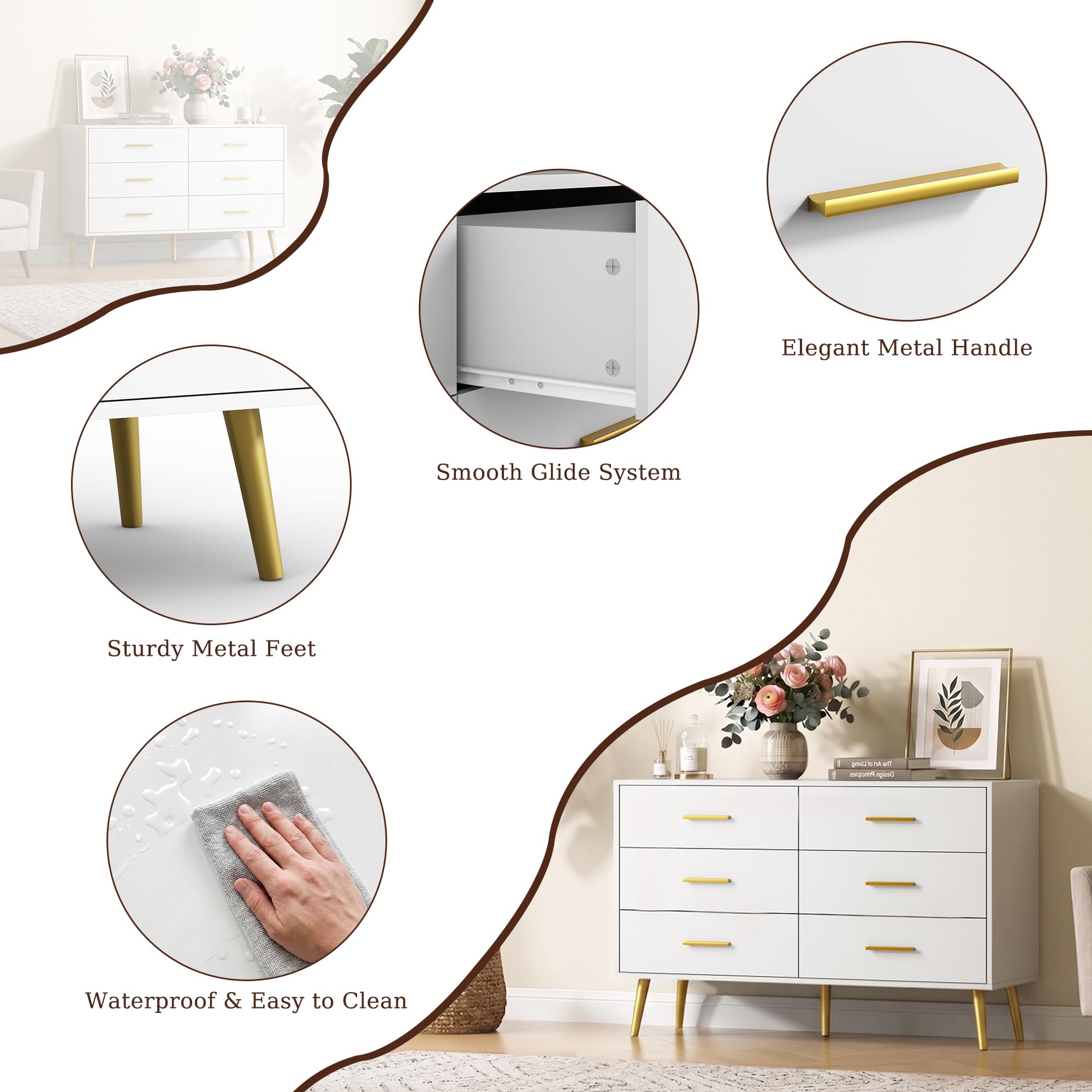 CARPETNAL White Dresser for Bedroom, 6 Drawer Dresser with Wide Drawers and Gold Metal Handles, 47” Wood Dressers & Chests of Drawers for Hallway, Entryway.