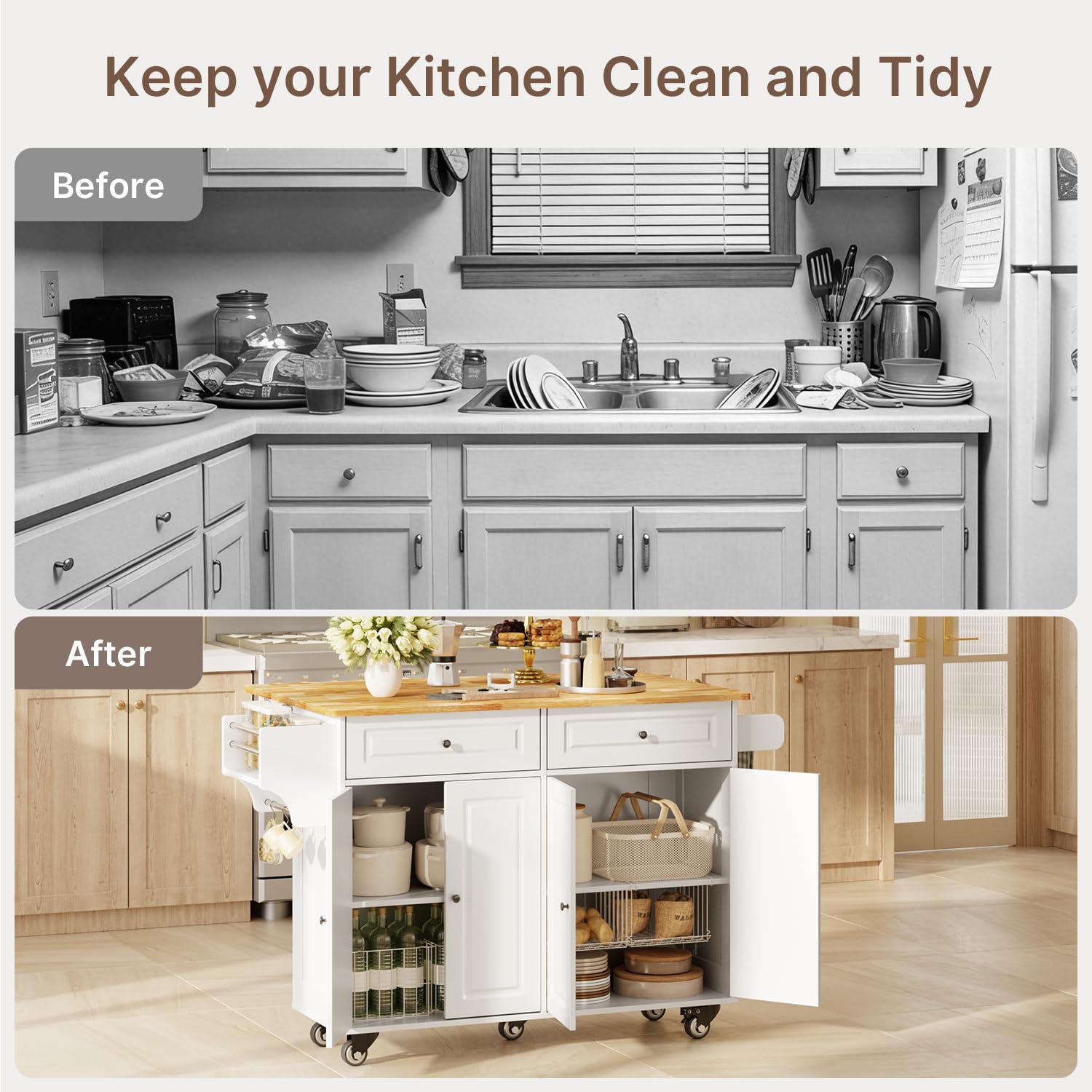 Kitchen Island with Storage & Rolling Wheels