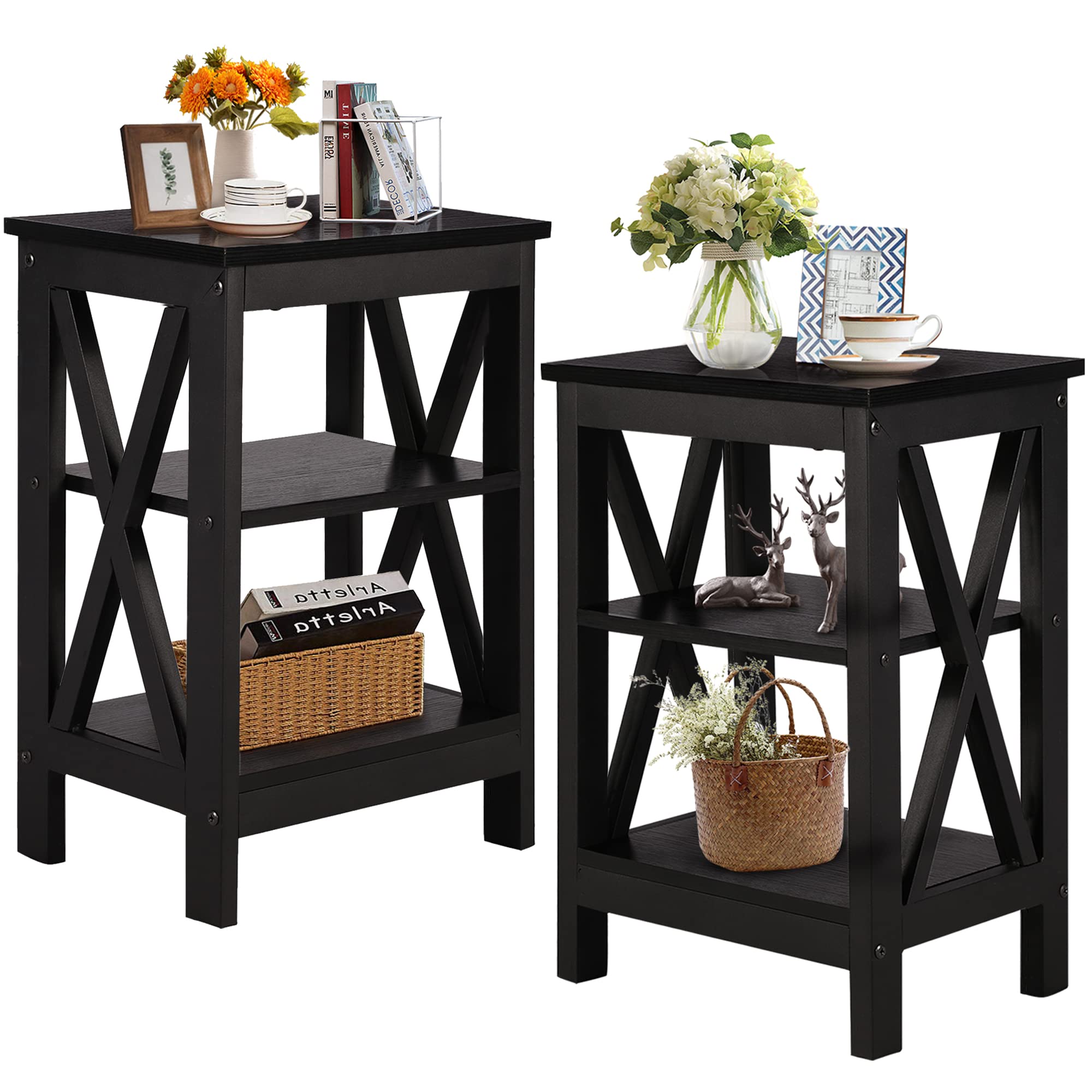 Nightstand End Table Set of 2 with Storage Shelf, X-Design