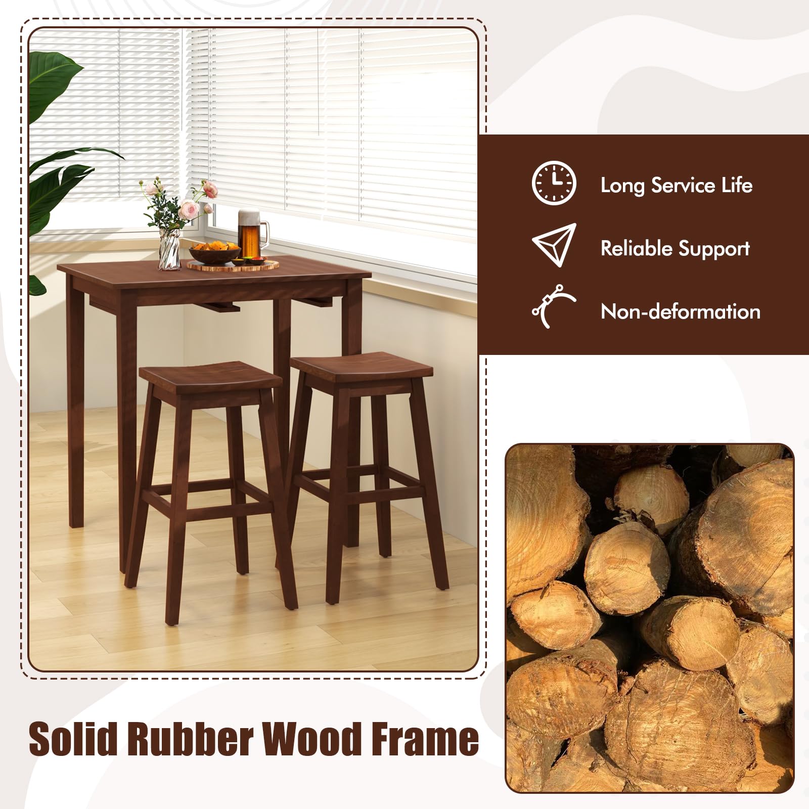 3-Piece Counter Height Bar Table Set with Saddle Stools