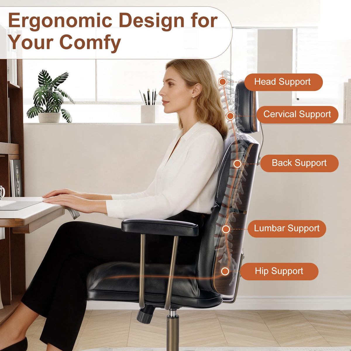 BERYTH Mid-Century Modern Ergonomic Office Chair, High Back Headrest, Black