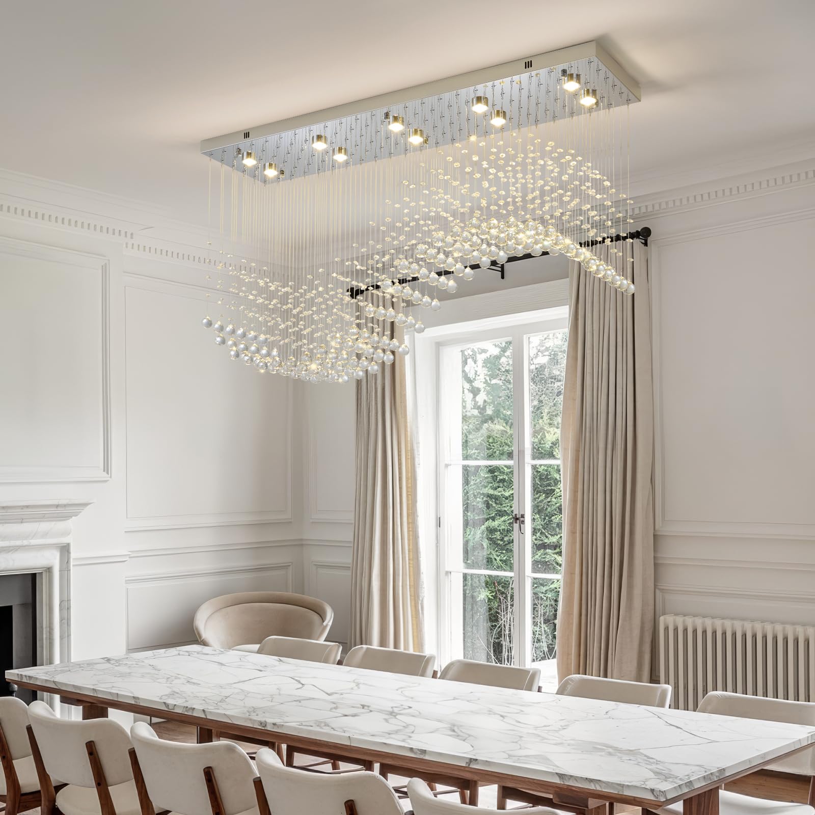 Modern Rectangle Crystal Raindrop Chandelier: 47" Long Chrome Dimmable Led High Ceiling Chandeliers with Remote - Silver Wave Raindrop Flush Mount Ceiling Light Fixture for Dining Living Room Kitchen