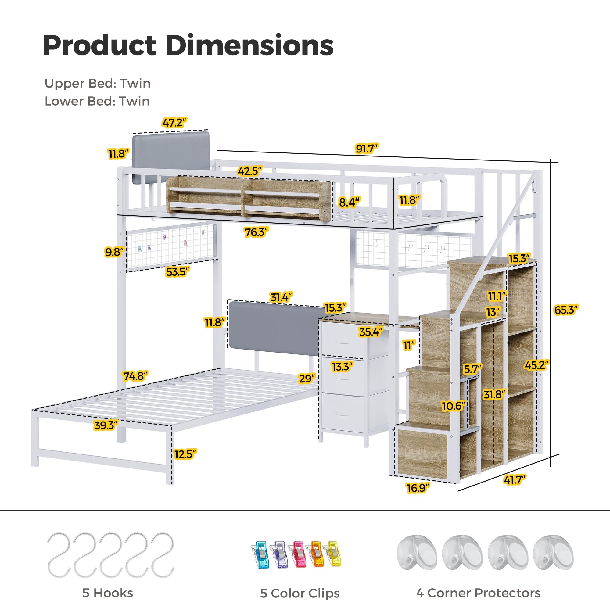 L-Shaped Loft Bunk Bed with Desk & Storage