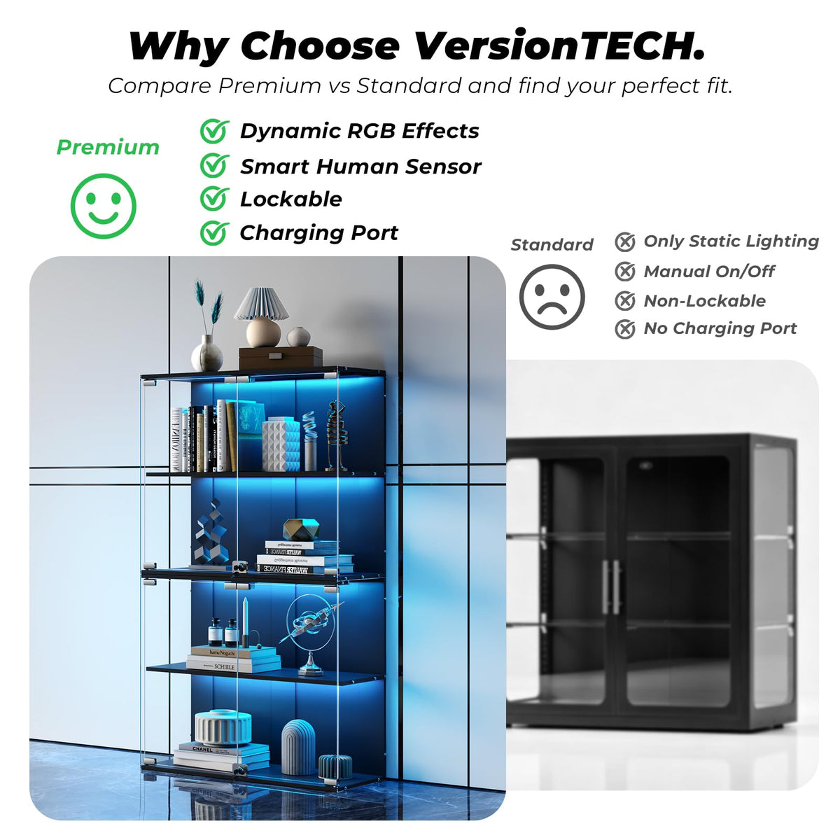 VersionTECH. Glass Display Cabinet with RGB Light, 4-Tier Curio Cabinets