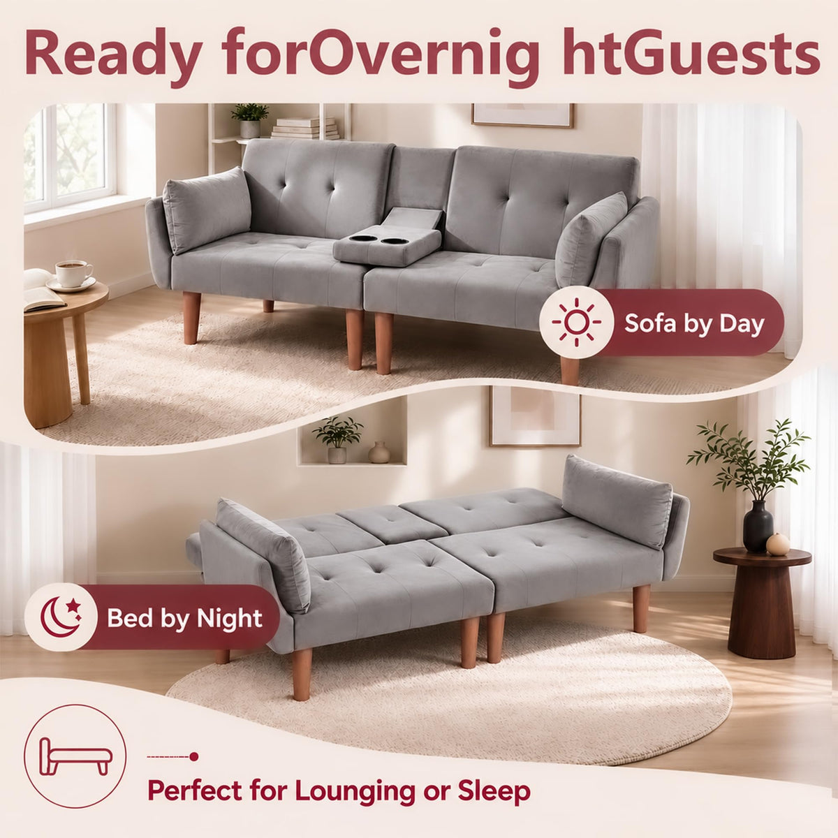 Modern 72 In Velvet Sofa Bed Futon, Tufted Recliner Loveseat Design (Gray)