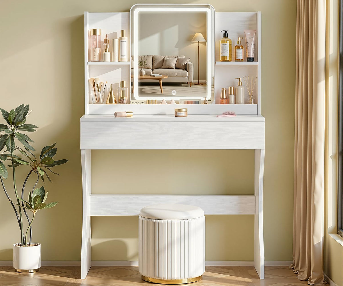White Small Vanity Desk With Mirror and Lights, 3 Light Modes & Dimmable