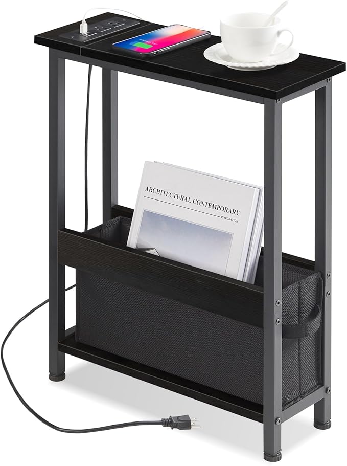 Narrow Side Table with Charging Station and Storage Drawer