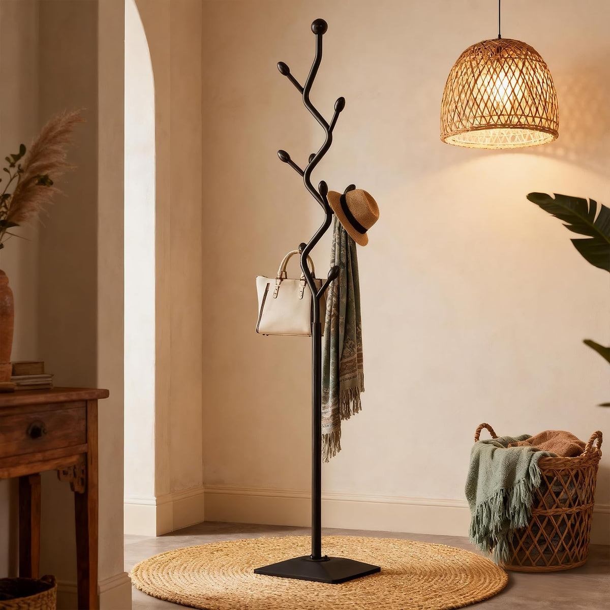 HAZHEYE Coat Rack,Metal Coat Tree Freestanding with 8 Hooks, Creative Design Tree Branch-look,Standing Coat Rack,Coat Hanger Stand with Stury cast iron Base for Entryway, Hallway, Bedroom (black)
