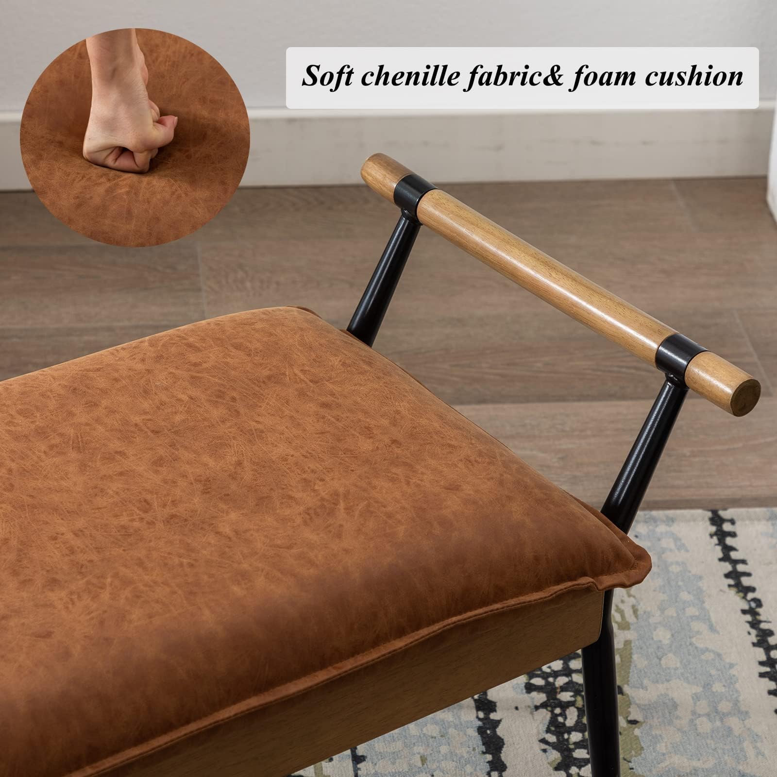 Upholstered Ottoman Bench with Arms & Metal Legs