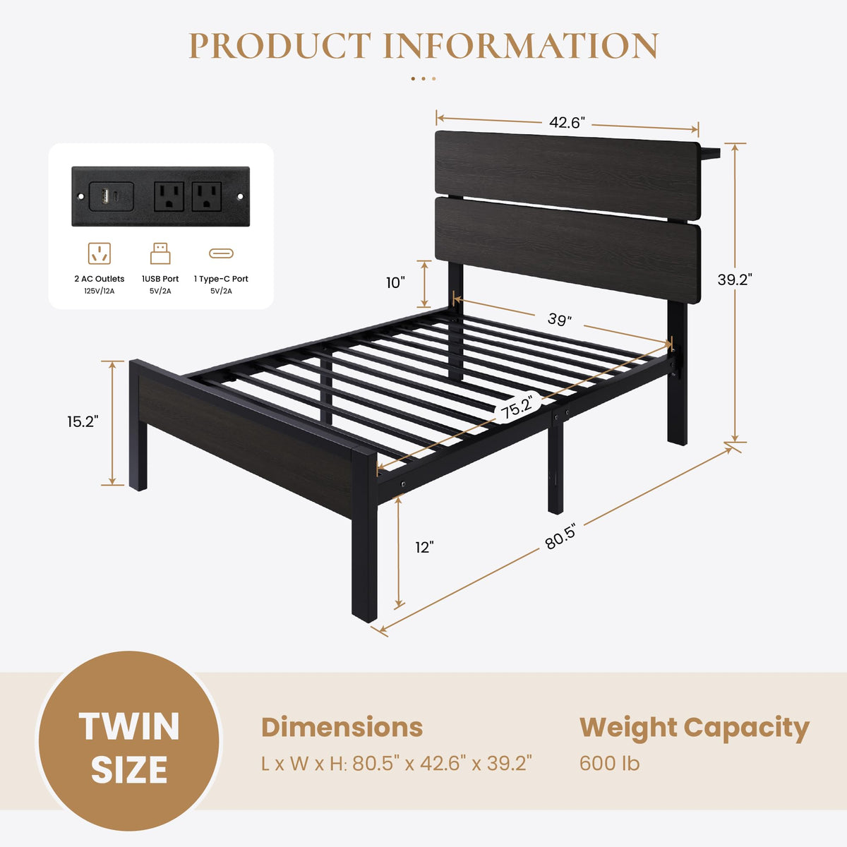 Twin LED Bed Frame with Charging Station