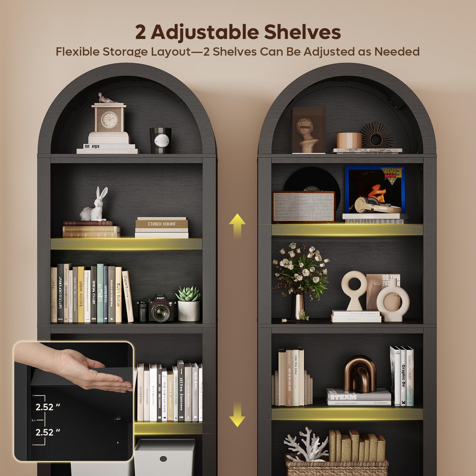 Bestier 76" Tall Arched Bookshelf, 5 Tier Arched Bookcase with Adjustable Book Shelves, Large Arch Wood Bookshelf, Modern Farmhouse Open Display Tall Bookcase for Bedroom, Home Office, Bedroom, Black