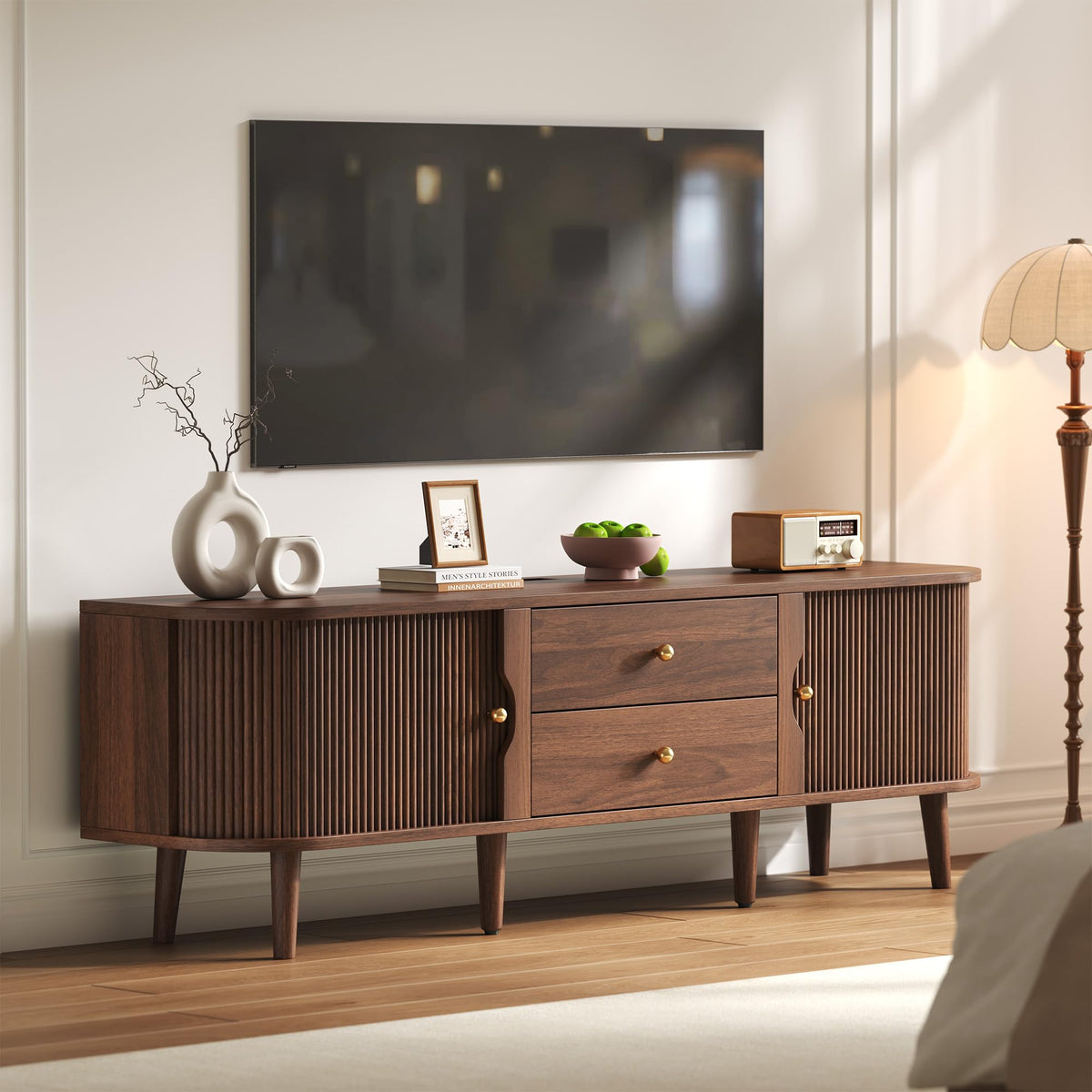 70" Mid-Century Fluted TV Stand with Storage up to 80 Inch, Walnut