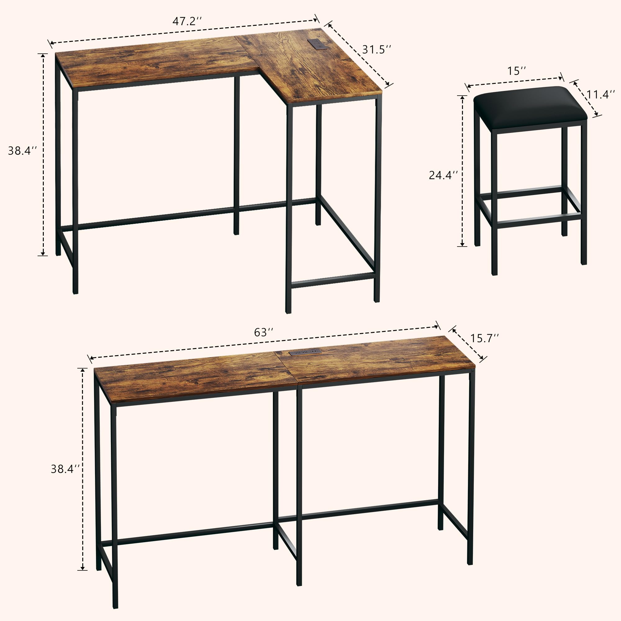 L Shaped Bar Table with Stools, 63‘’ Bar Height Table with Power Outlets, Convertible Corner Counter Height Bar Table with 2 Stools, Rectangular High Top Table for Small Spaces, Breakfast Nook, Rustic